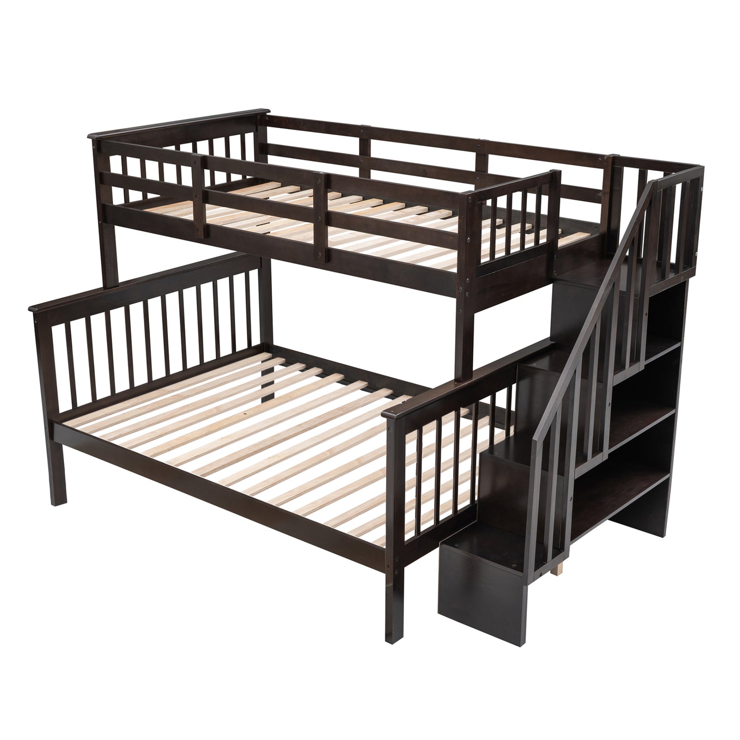 Stairway Twin-Over-Full Bunk Bed with Storage and Guard Rail for Bedroom, Espresso color