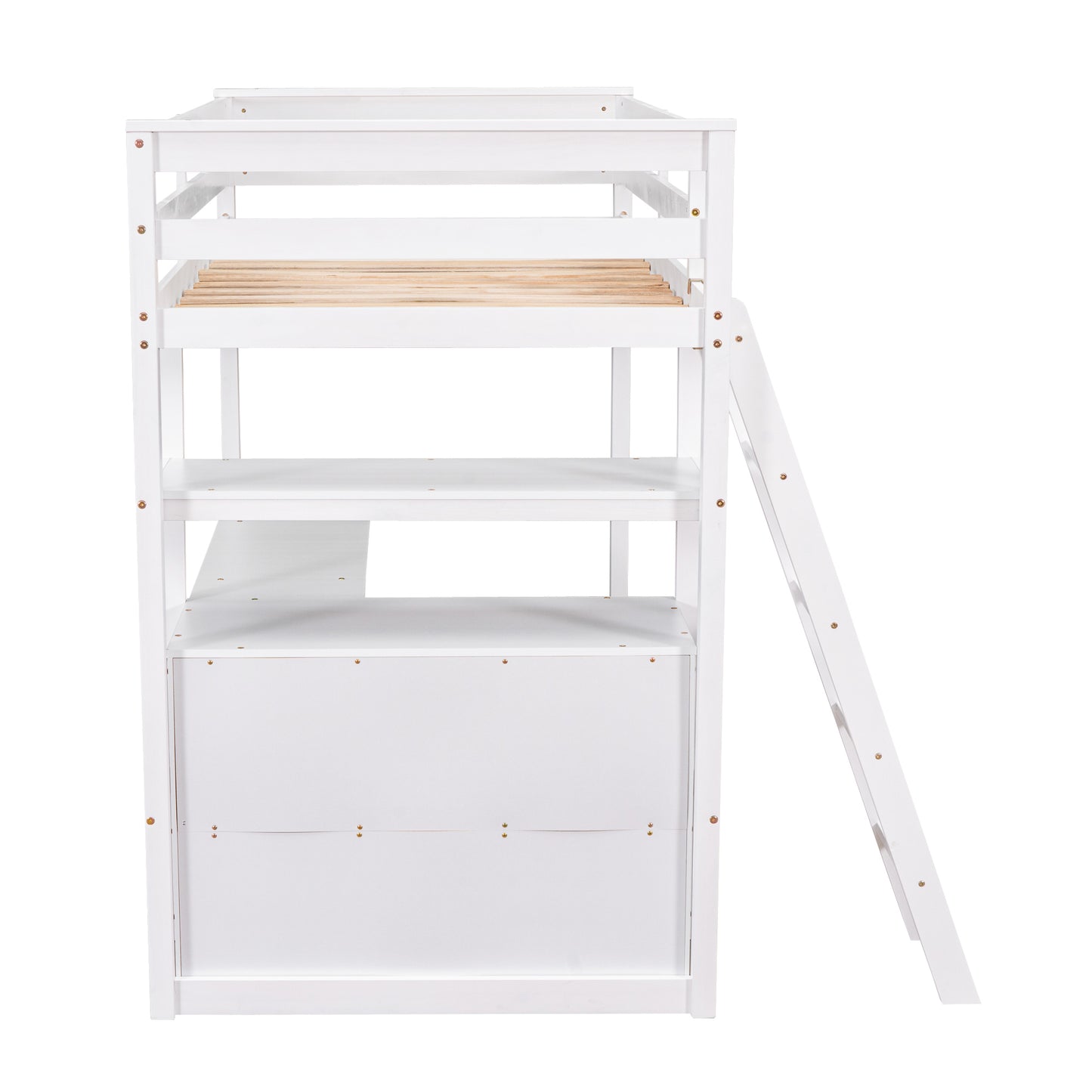 Twin Size Loft Bed with Desk and Shelves, Two Built-in Drawers, White
