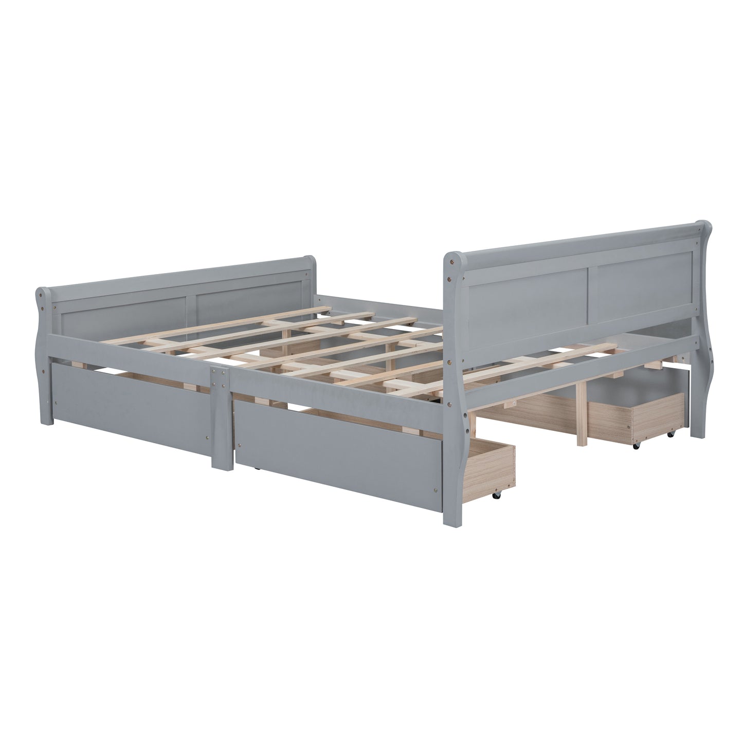 Queen Size Wood Platform Bed with 4 Drawers and Streamlined Headboard & Footboard, Gray