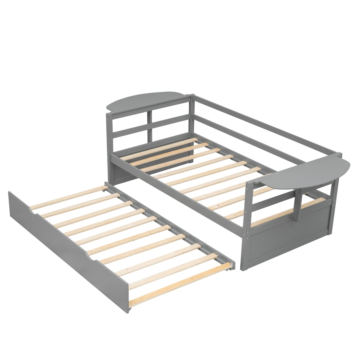 Twin Size Daybed with Trundle and Foldable Shelves on Both Sides,Gray