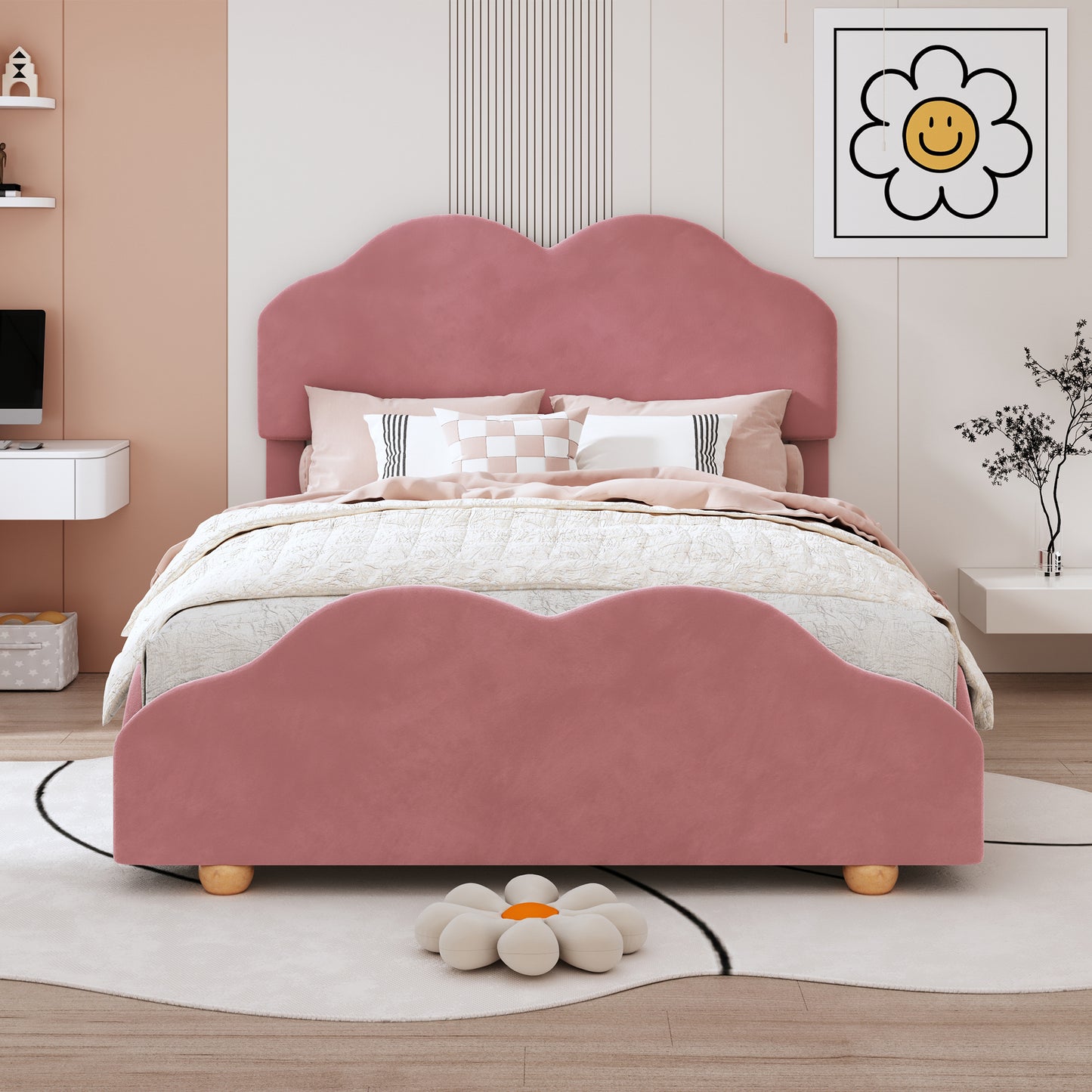 Full Size Upholstered Platform Bed with Cloud Shaped bed board, Dark Pink