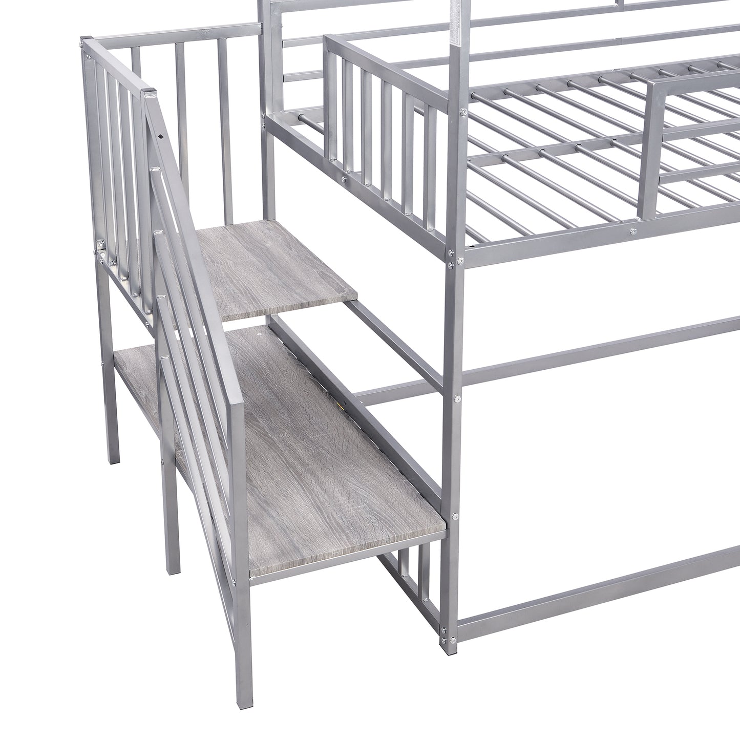 Twin over Twin Metal Bunk Bed House Bed with Slide and Staircase, Silver