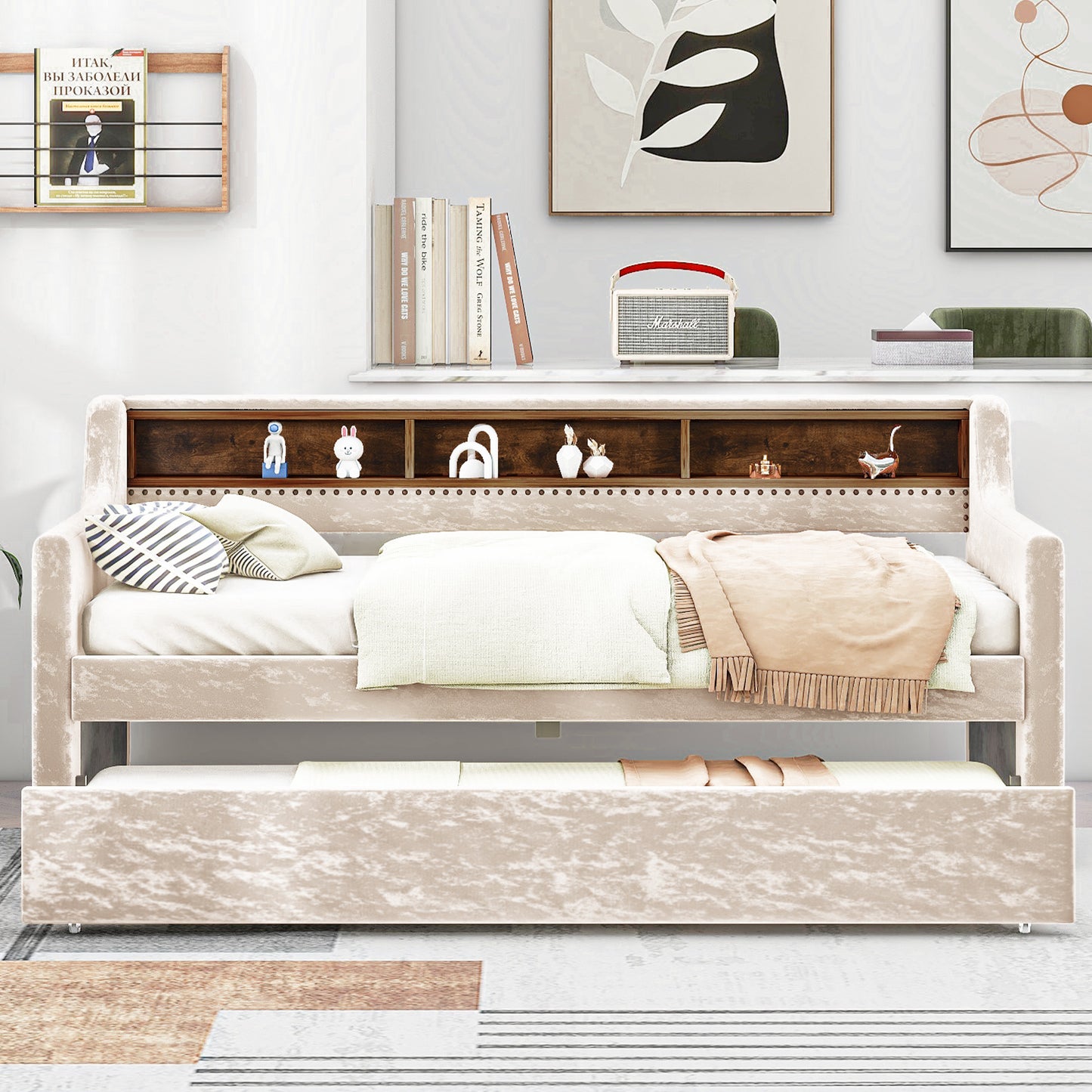 Twin Size Snowflake Velvet Daybed with Trundle and Built-in Storage Shelves,Beige