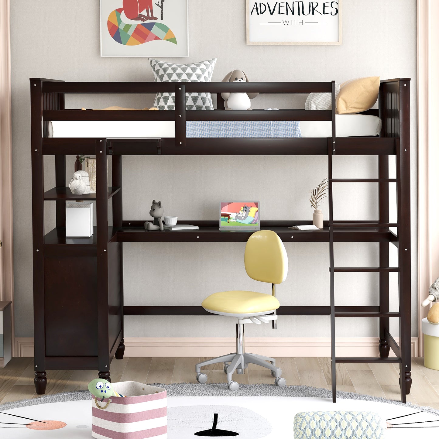 Twin size Loft Bed with Drawers and Desk, Wooden Loft Bed with Shelves - Espresso