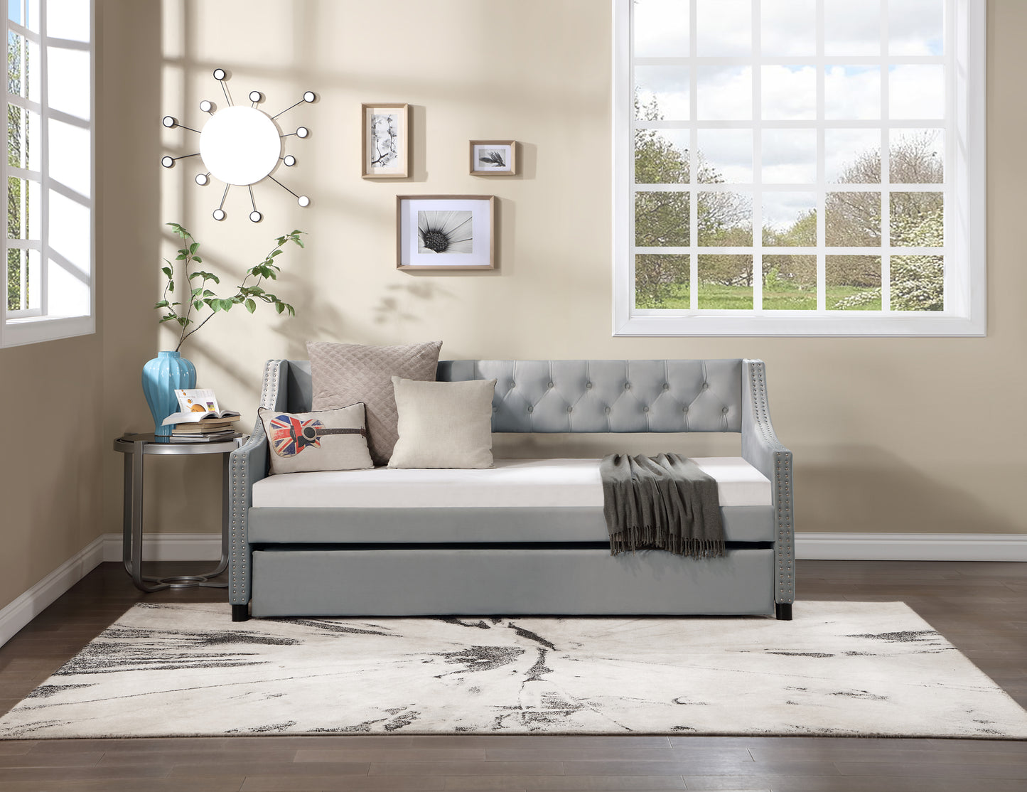 Twin Size Upholstered Daybed with Trundle,Sturdy Wood Bedframe w/ Bedframe Tufted Button & Copper Nail on Arms Design,Perfect for Bedroom,Guest Room Furniture,No Box Spring Needed
