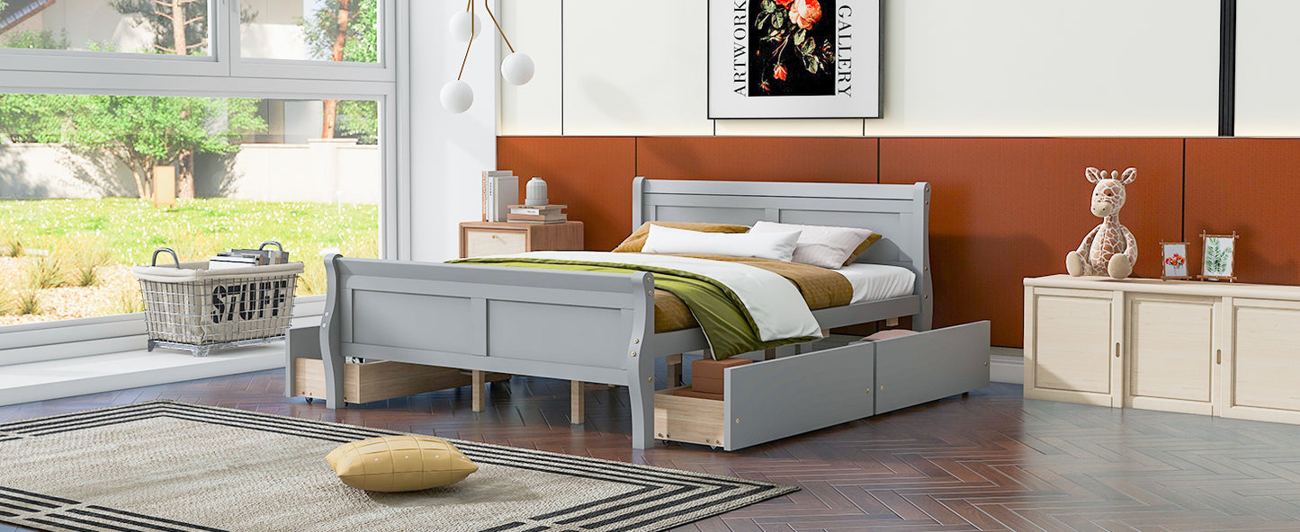 Queen Size Wood Platform Bed with 4 Drawers and Streamlined Headboard & Footboard, Gray