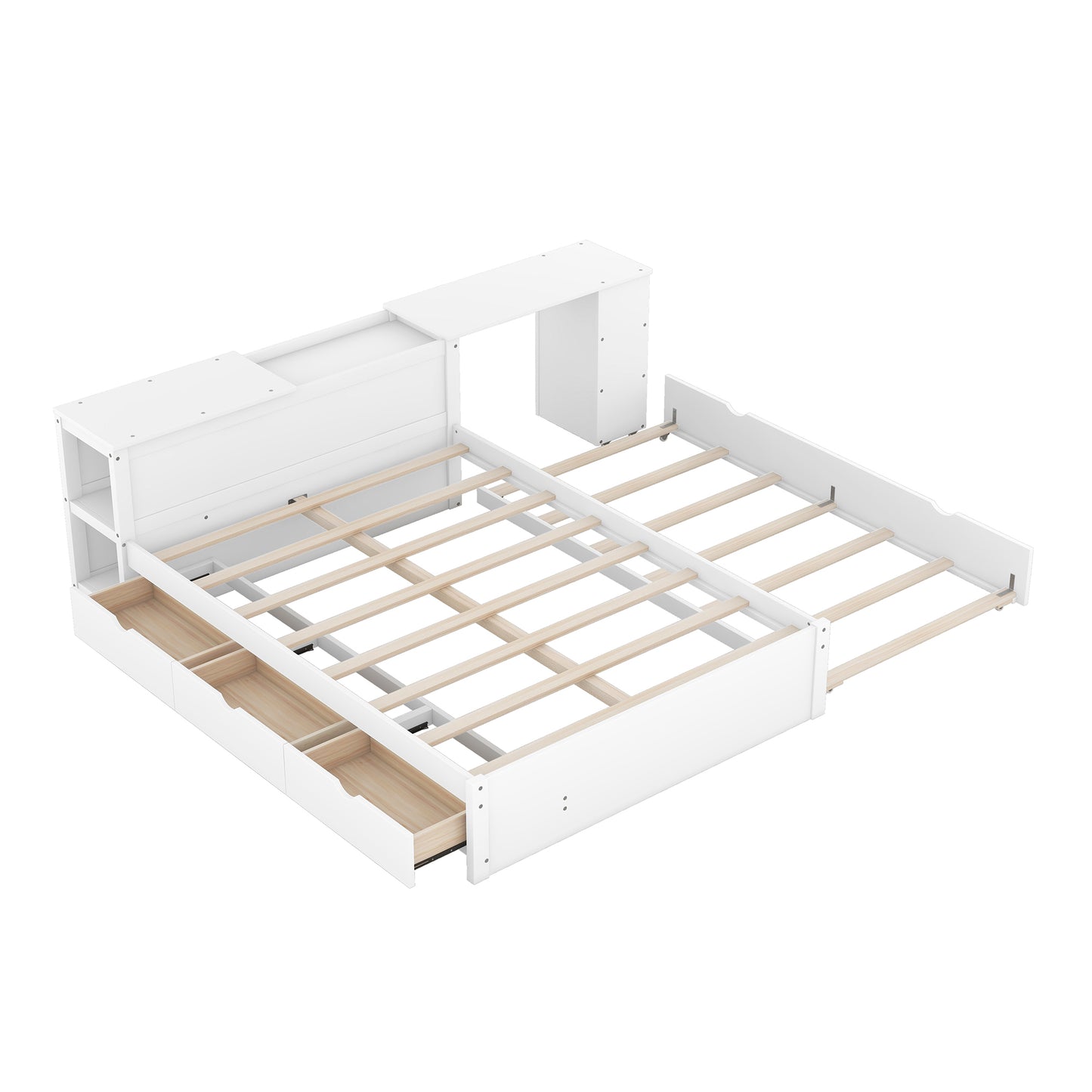 Full Size Platform Bed With a Rolling Shelf, White