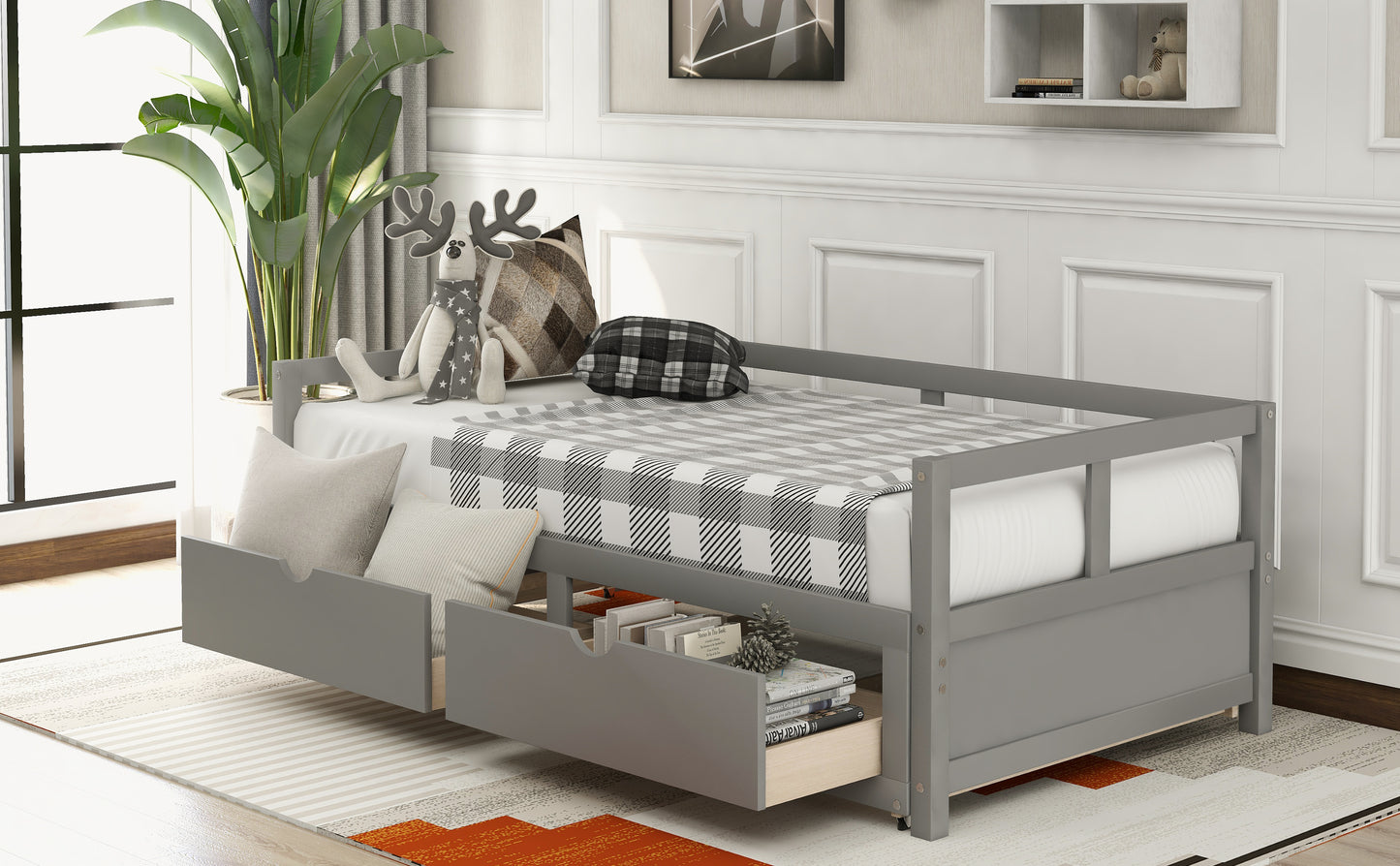 Wooden Daybed with Trundle Bed and Two Storage Drawers , Extendable Bed Daybed,Sofa Bed for Bedroom Living Room, Gray