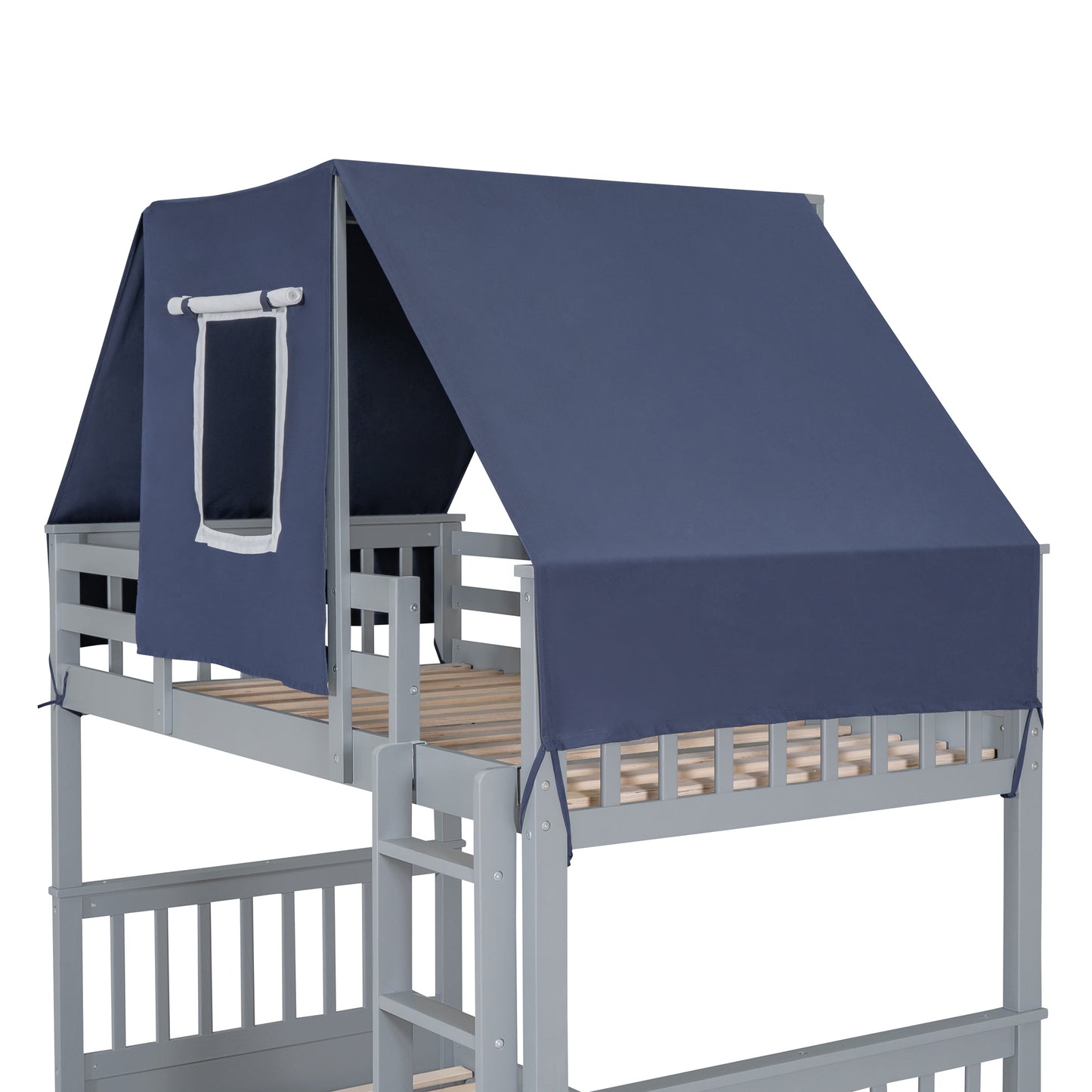Twin Over Twin Bunk Bed Wood Bed with Tent and Drawers, Gray+Blue Tent