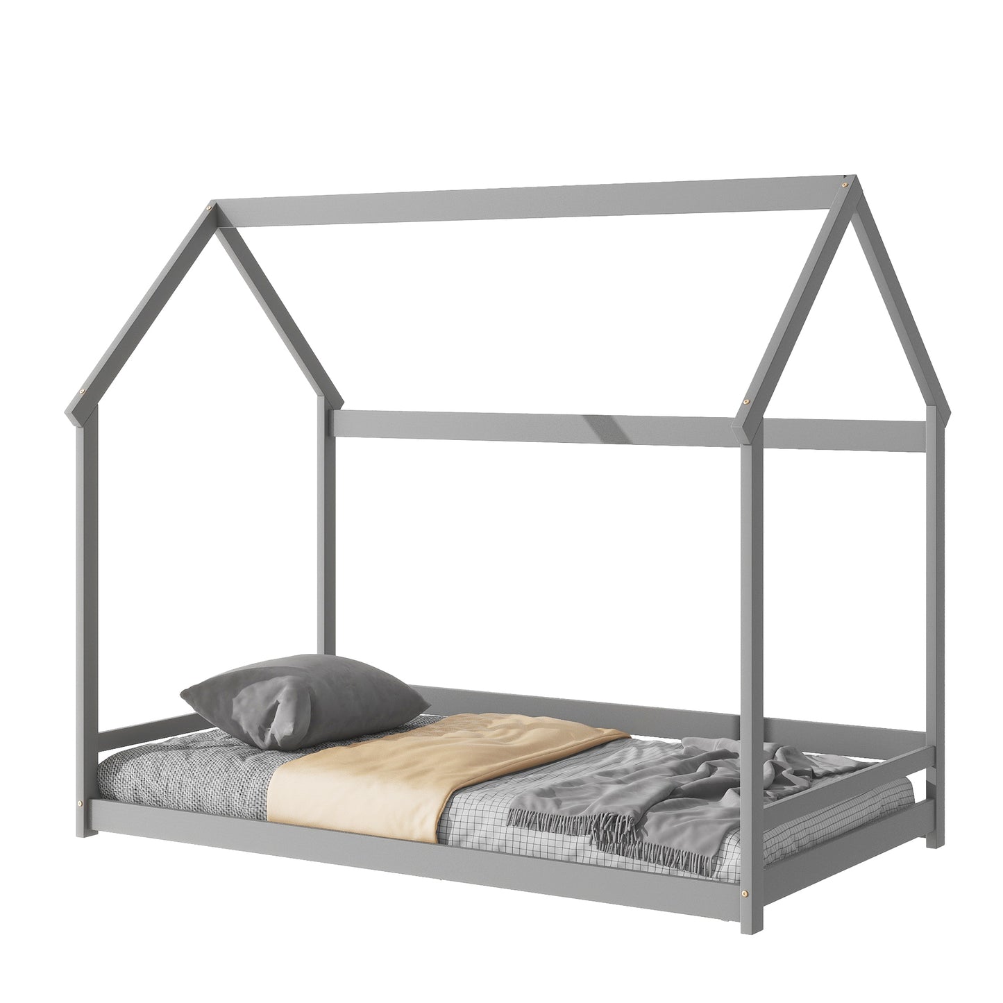 Twin House-Shaped Floor Platform Bed with 2 Detachable Stands, Grey