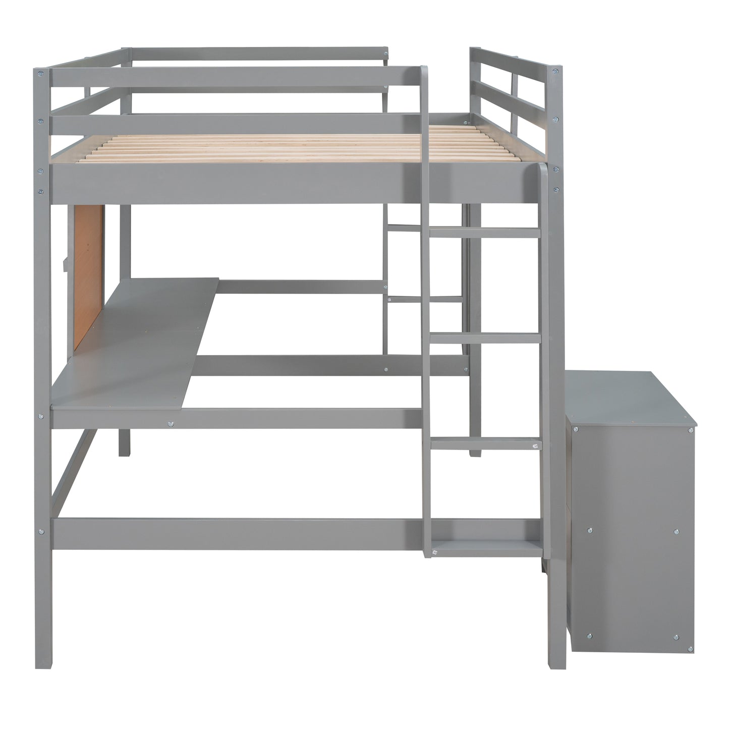 Full size Loft Bed with Desk and Writing Board, Wooden Loft Bed with Desk & 2 Drawers Cabinet- Gray