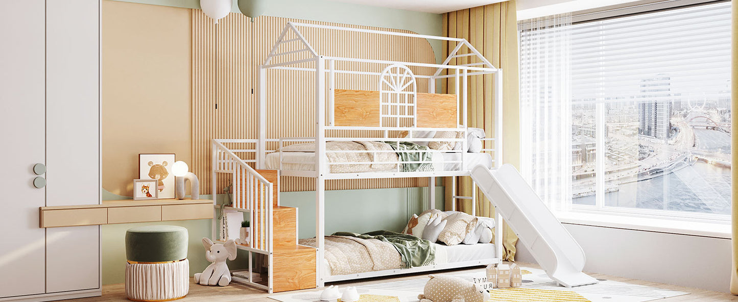 Twin Over Twin Metal Bunk Bed, Metal Housebed with Slide and Storage Stair, White with White Slide