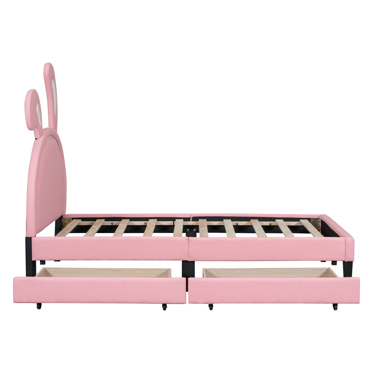 Twin Size Upholstered Leather Platform Bed with Rabbit Ornament and 2 Drawers, Pink