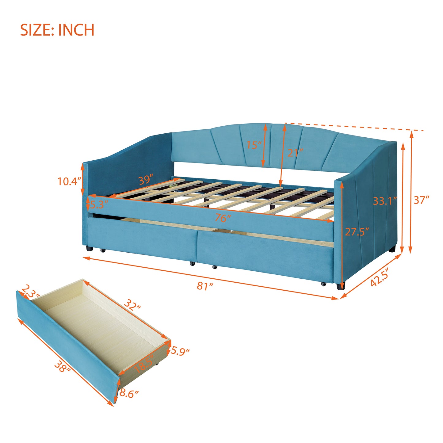 Upholstered daybed Twin Size with Two Drawers and Wood Slat  ,Blue
