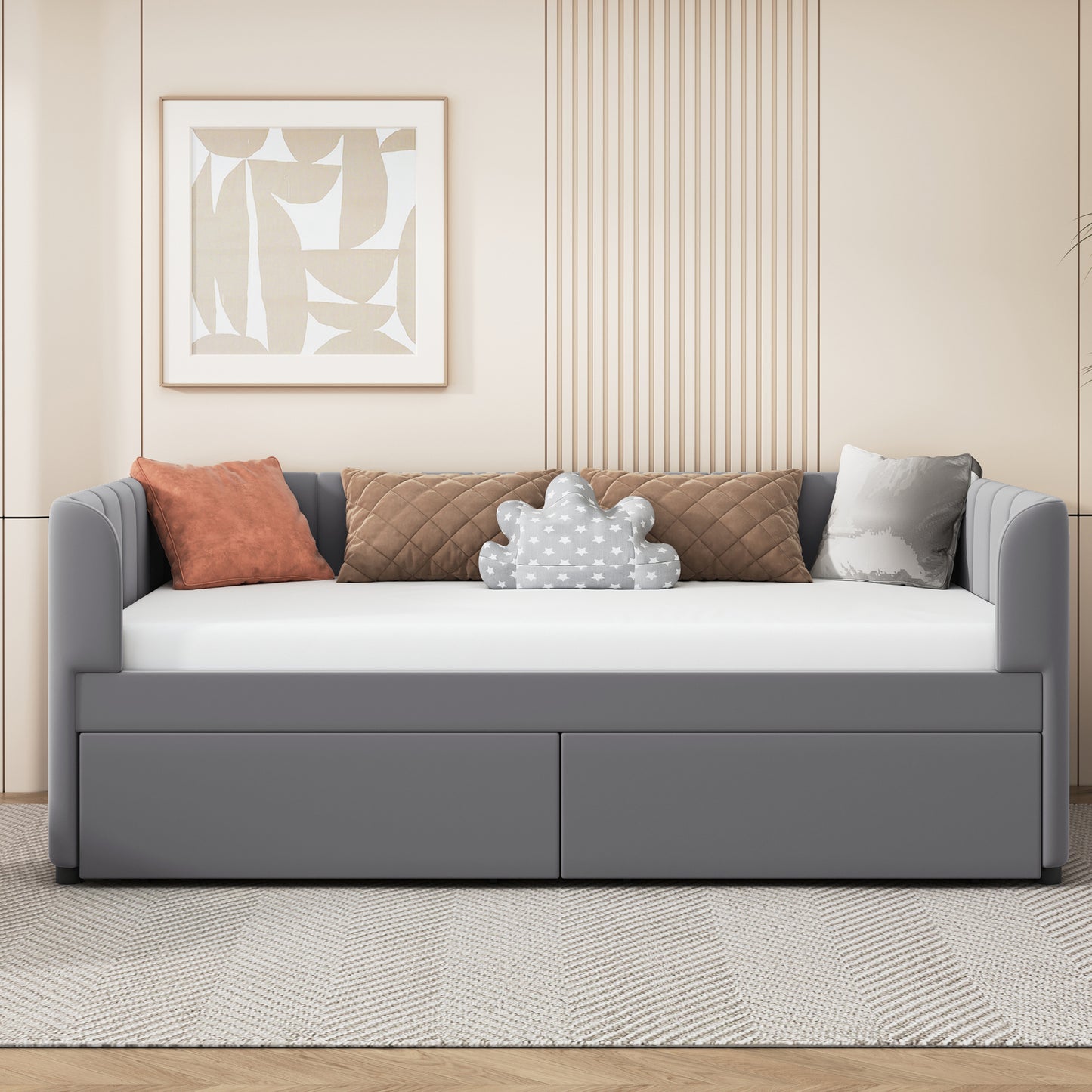 Twin Size Upholstered Daybed with Ergonomic Design Backrest and 2 Drawers, Gray