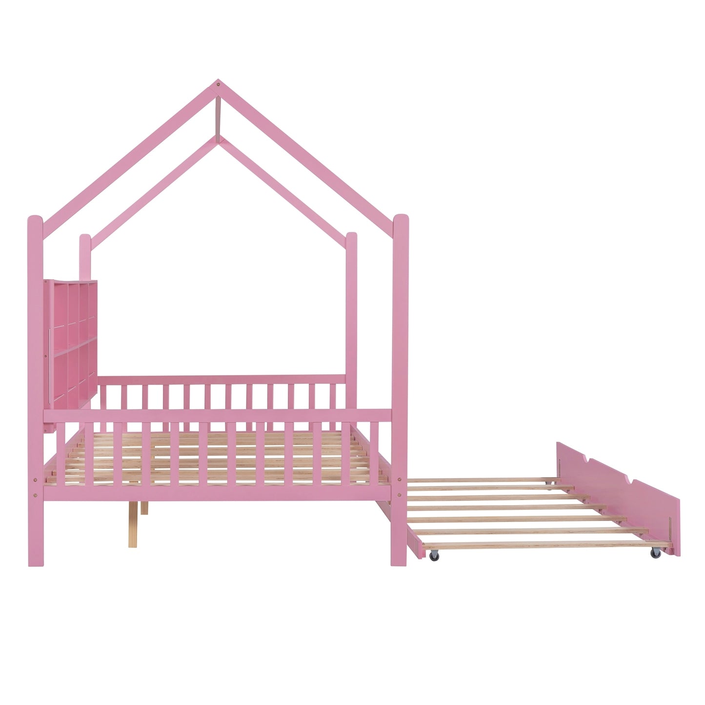 Wooden Full Size House Platform Bed with Trundle & Shelf, Pink