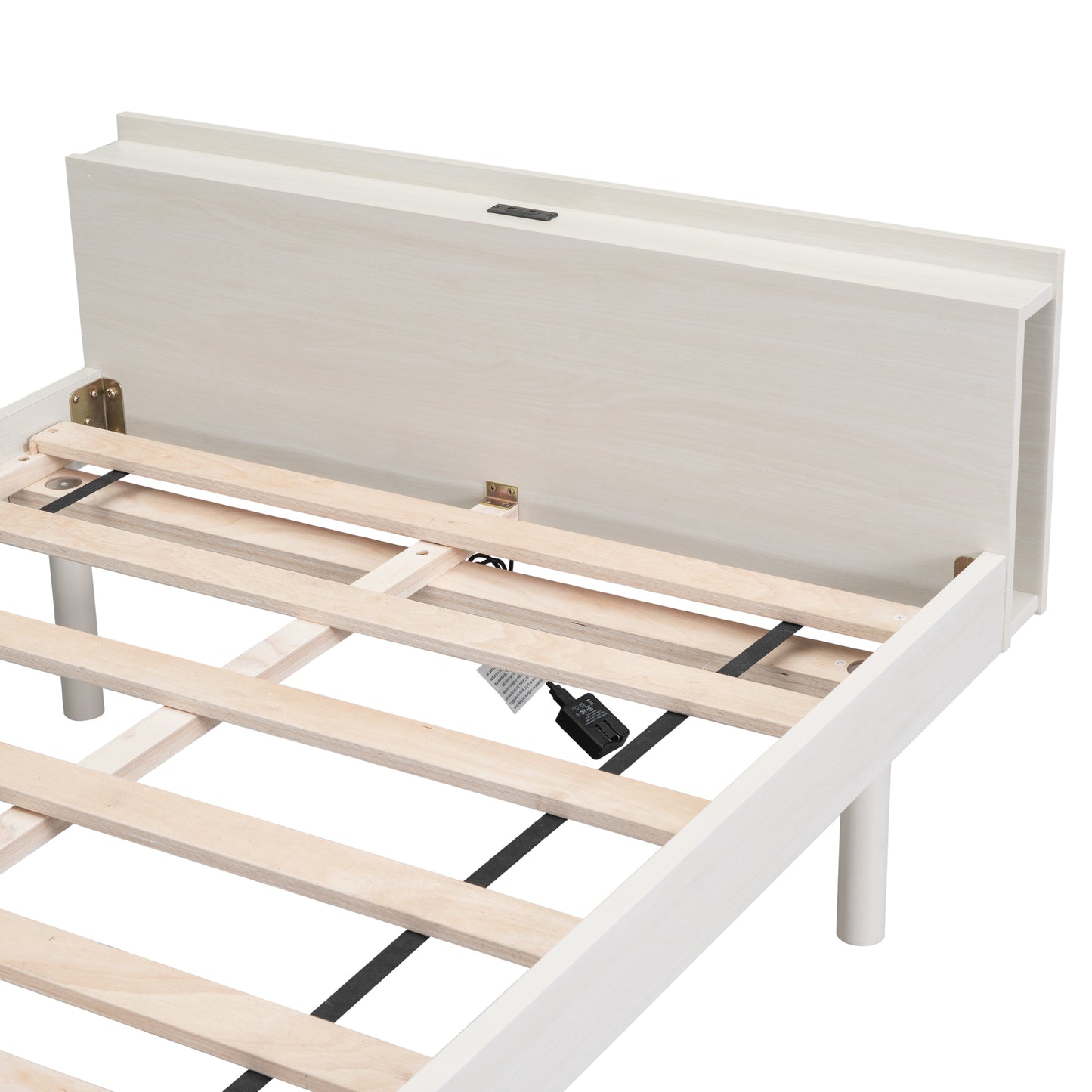 Modern Design Twin Size Platform Bed Frame with USB Ports for White Washed Color