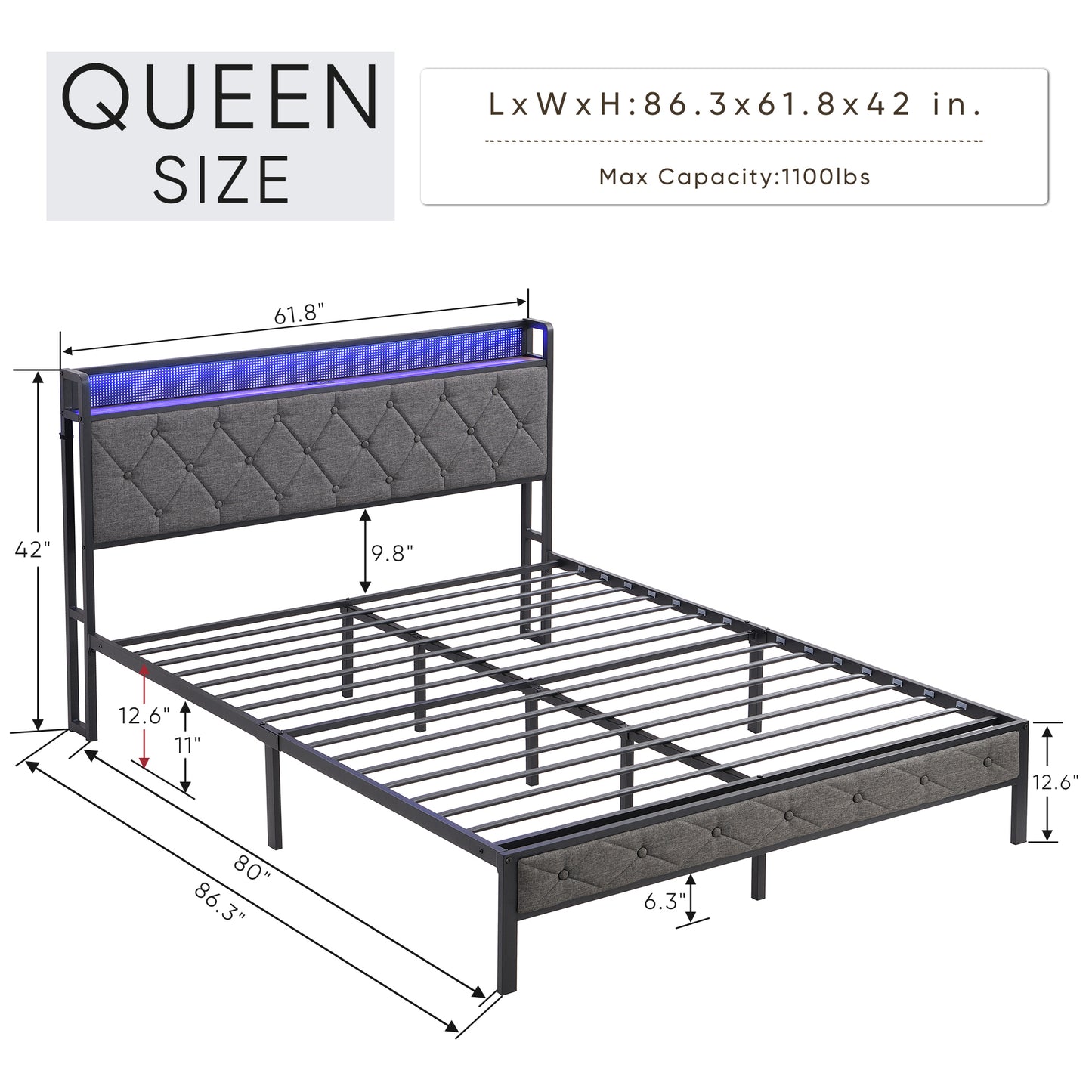 Queen Bed Frame with Storage Headboard, Charging Station and LED Lights, Upholstered Platform Bed with Heavy Metal Slats, No Box Spring Needed, Noise Free, Easy Assembly, Dark Gray