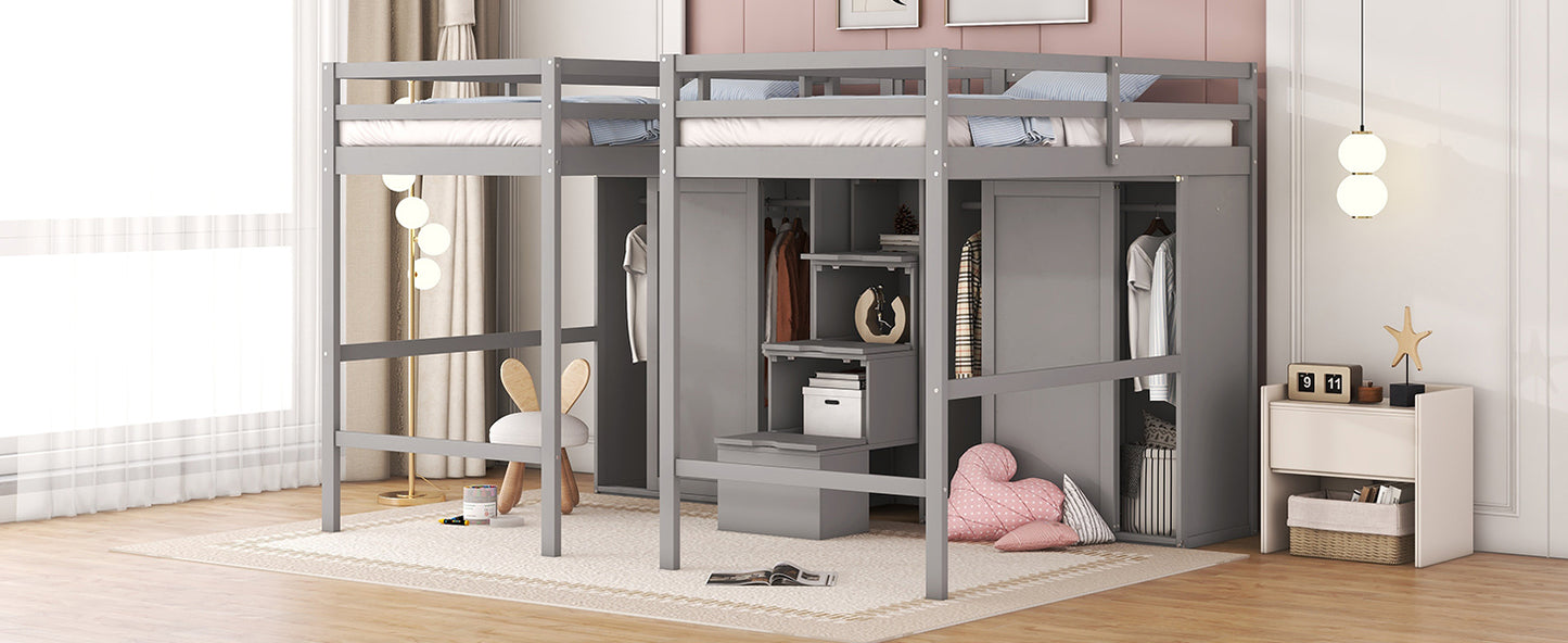 Double Twin Loft Beds with Wardrobes and Staircase, Gray
