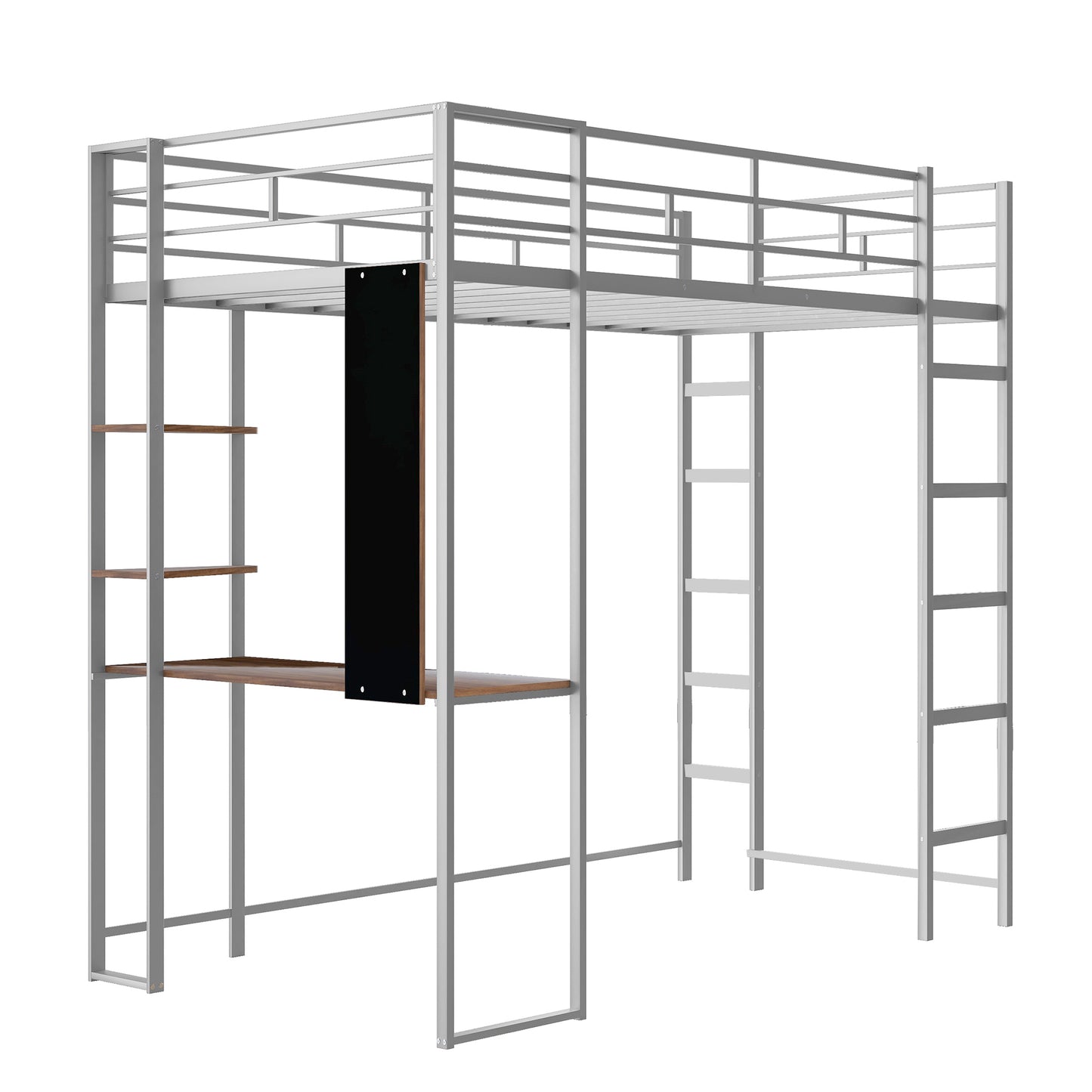 Twin Metal Loft Bed with 2 Shelves and one Desk ,Silver
