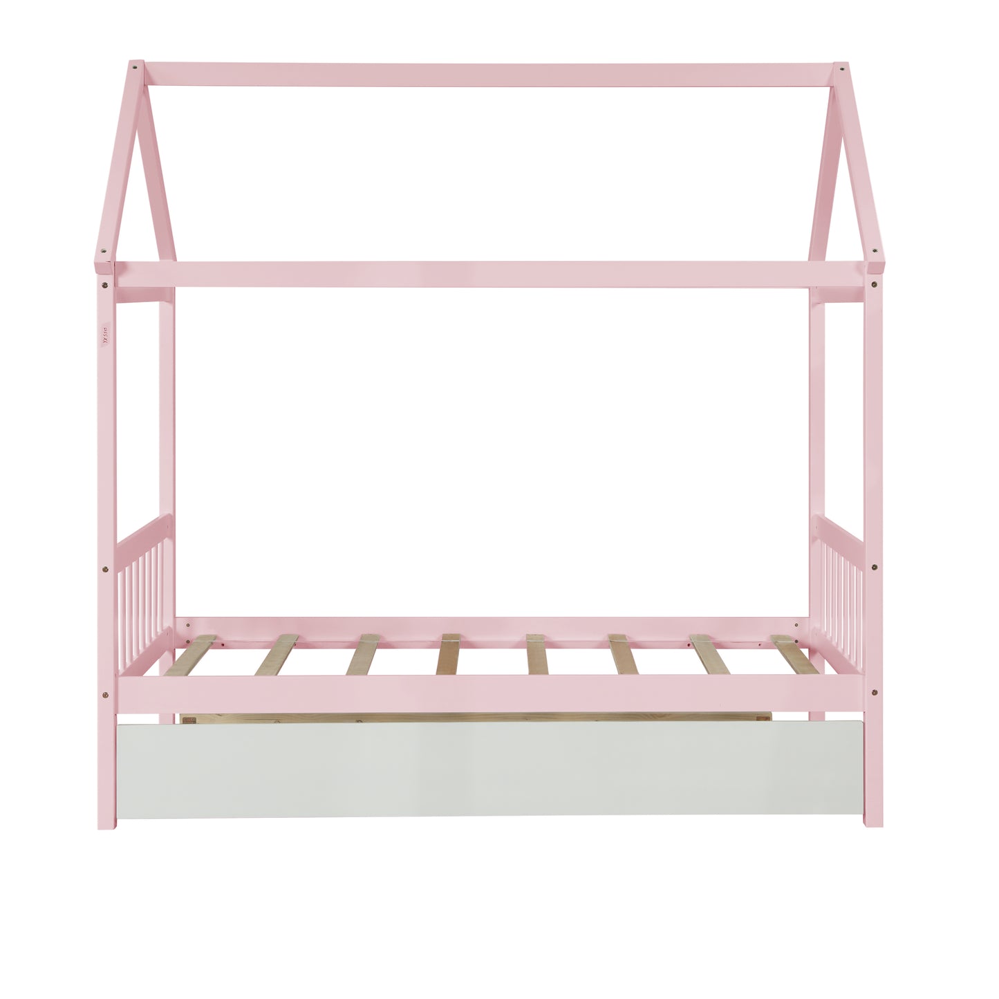 Wood Twin House Platform Bed Frame with Twin Size Trundle - Warm Pink Color, No Box Spring Needed