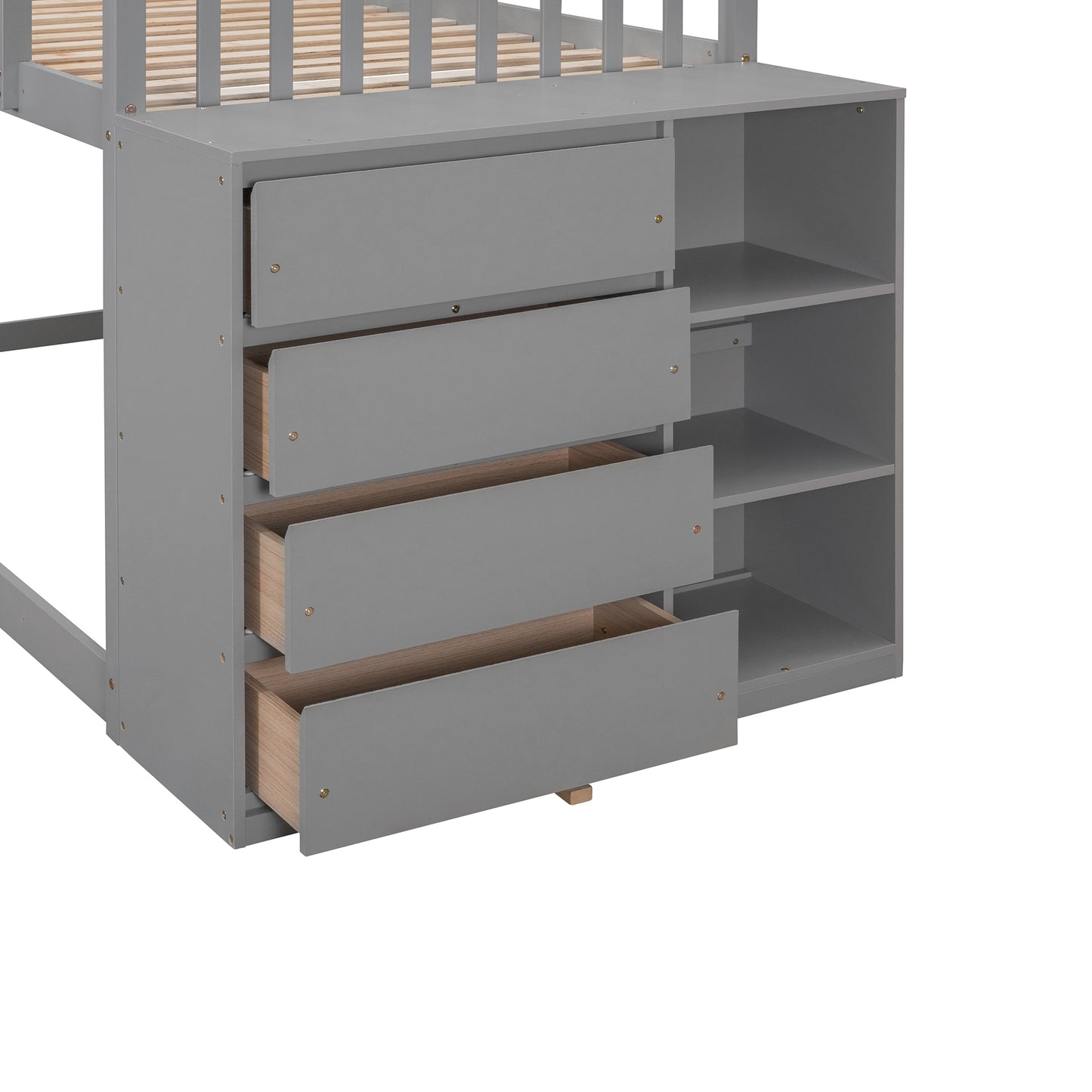 Twin over Twin Bunk Bed with 4 Drawers and 3 Shelves-Gray
