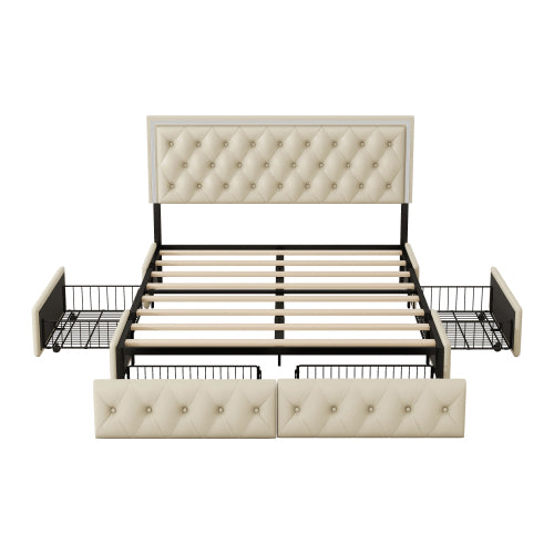 Queen Upholstered Bed Frame with 4 Storage Drawers, PU Leather Platform Bed with LED Headboard, No Box Spring Needed, Beige
