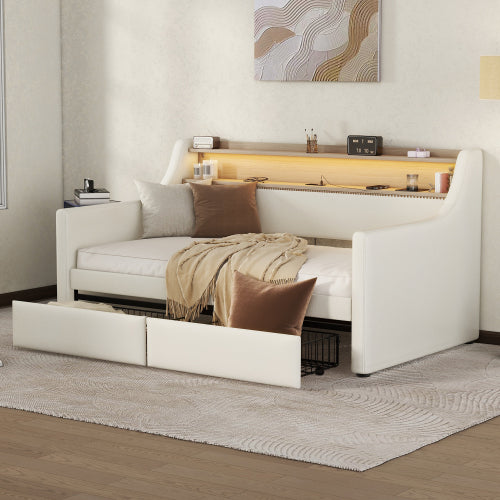 Twin Size Daybed with Storage Drawers, Upholstered Daybed with Charging Station and LED Lights, White