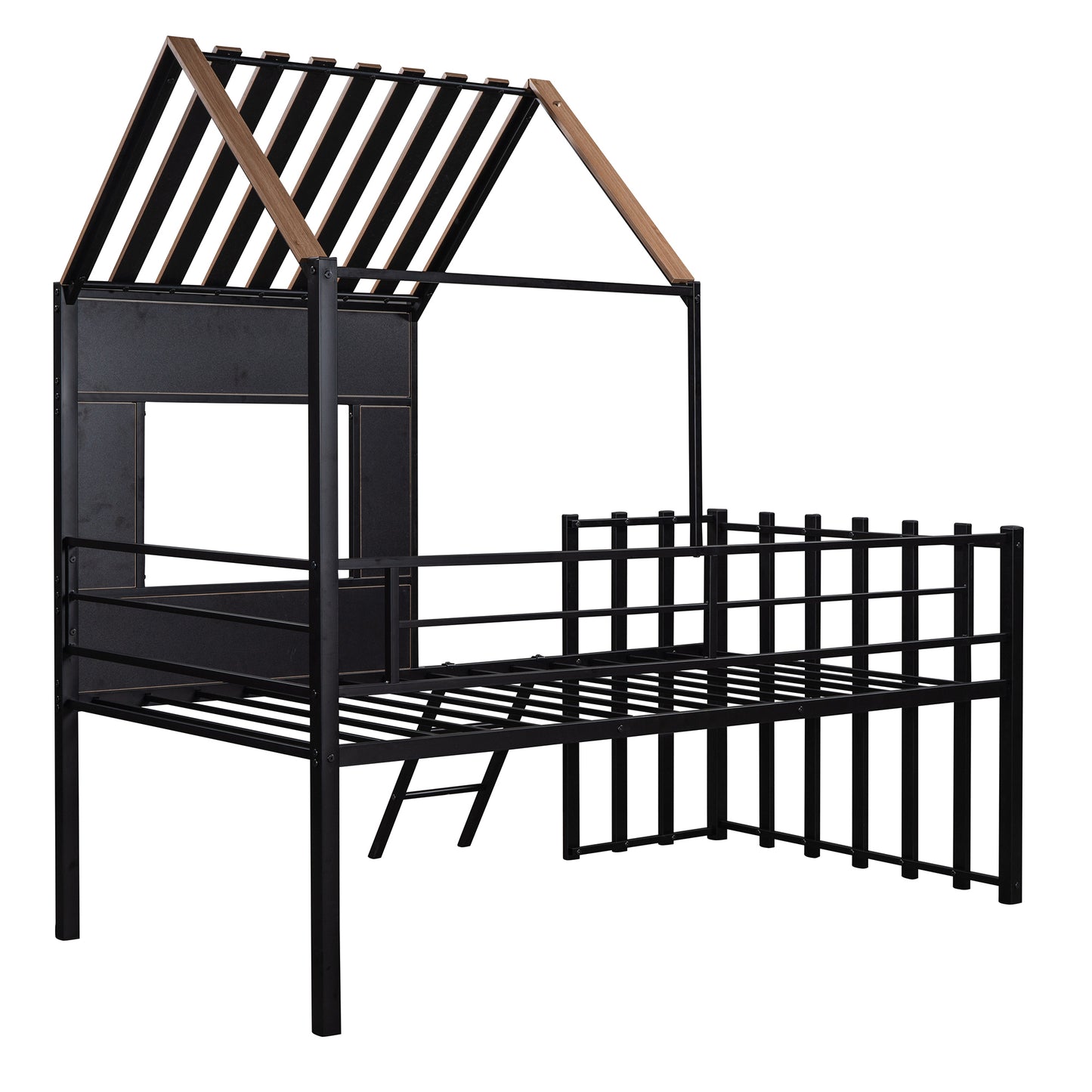 Metal Twin size Loft Bed with Roof, Window, Guardrail, Ladder Black