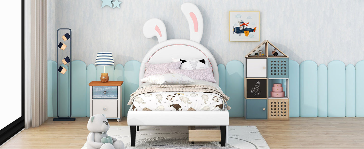 Twin Size Upholstered Leather Platform Bed with Rabbit Ornament and 2 Drawers, White