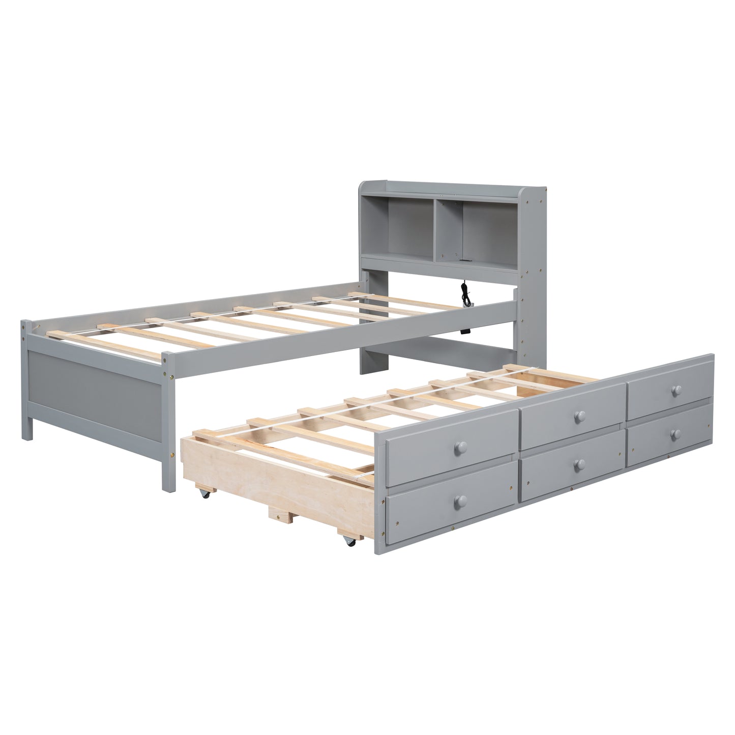 Twin Size Platform Bed with Built-in USB ,Type-C Ports, LED light, Bookcase Headboard, Trundle and 3 Storage Drawers, Grey