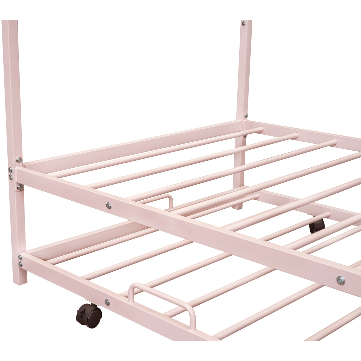 Twin Metal House Platform Bed With Trundle, Pink
