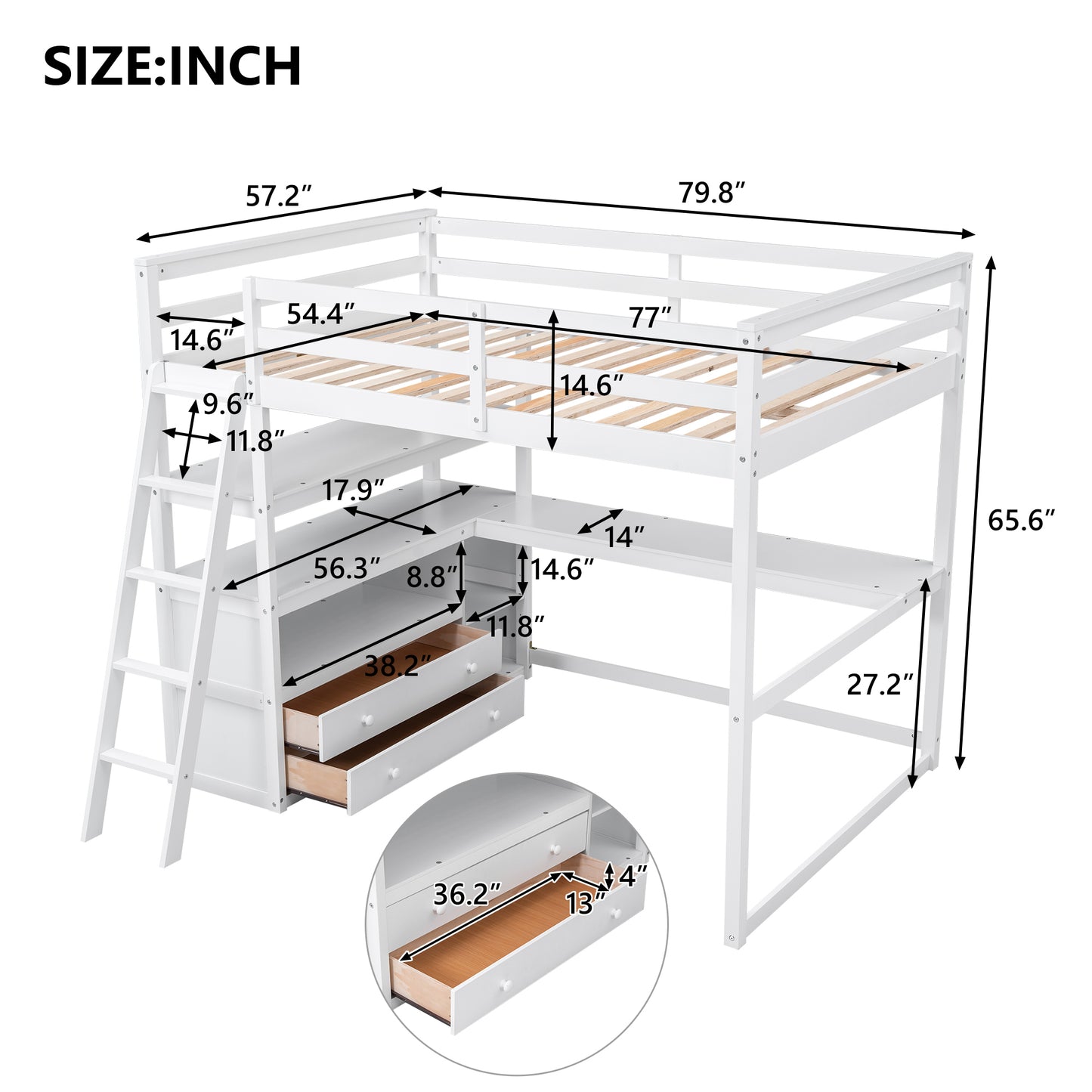 Full Size Loft Bed with Desk and Shelves,Two Built-in Drawers,White