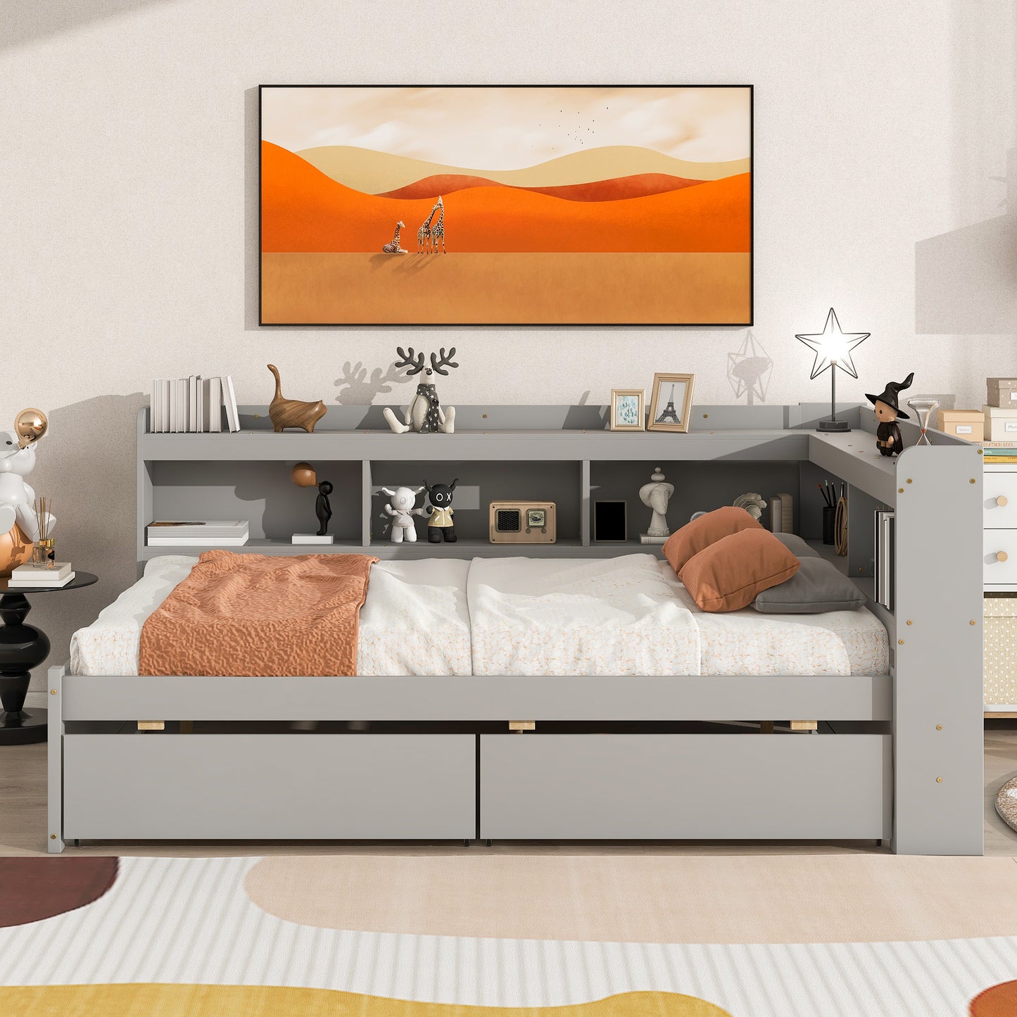 Full Platform Bed with L-shaped Bookcases, Drawers, Grey