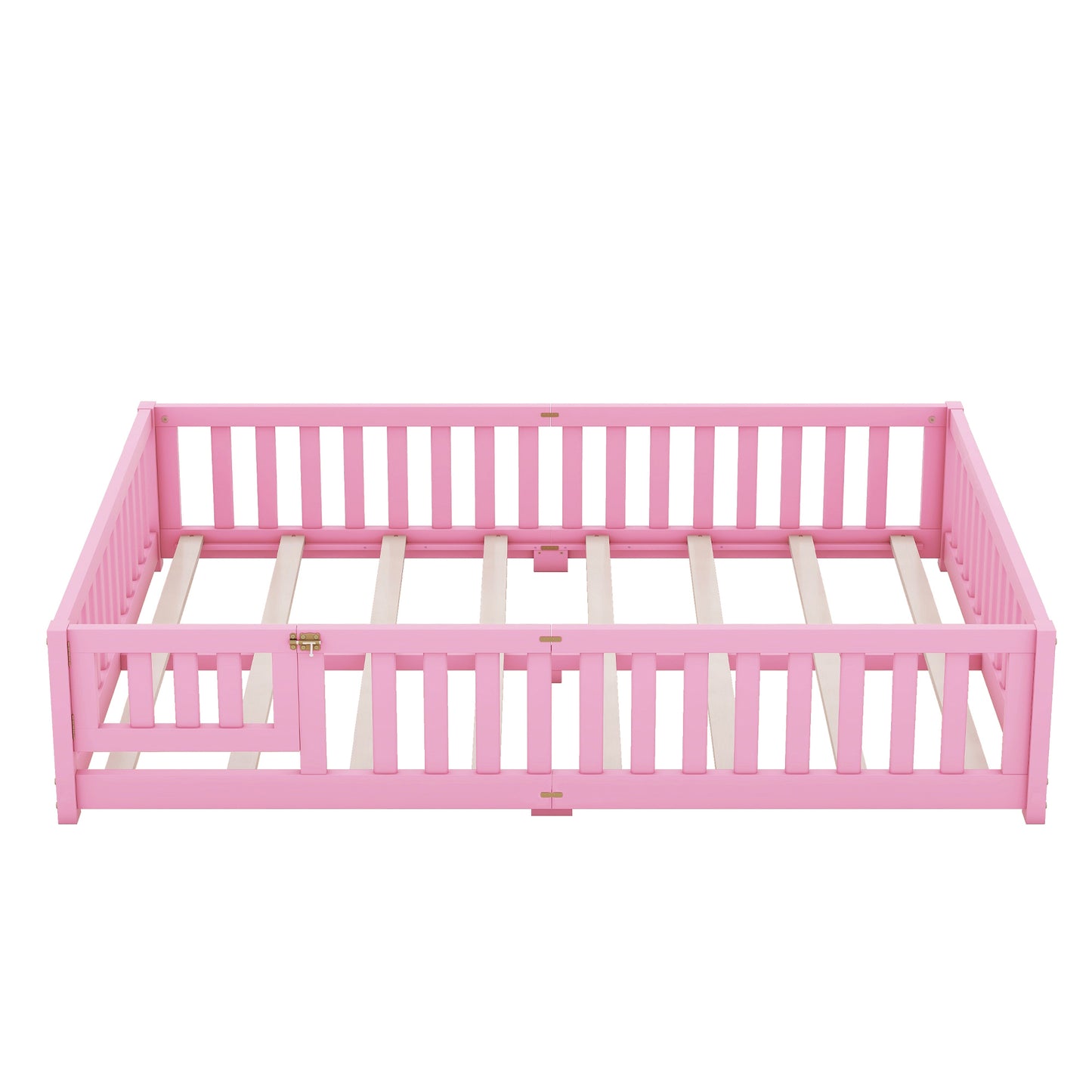 Queen Size Bed Floor Platform Bed with Safety Guardrails and Door for Kids, Pink