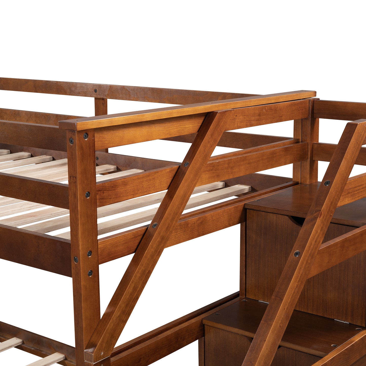 Twin-Over-Twin Bunk Bed with Twin Size Trundle and 3 Storage Stairs,Walnut