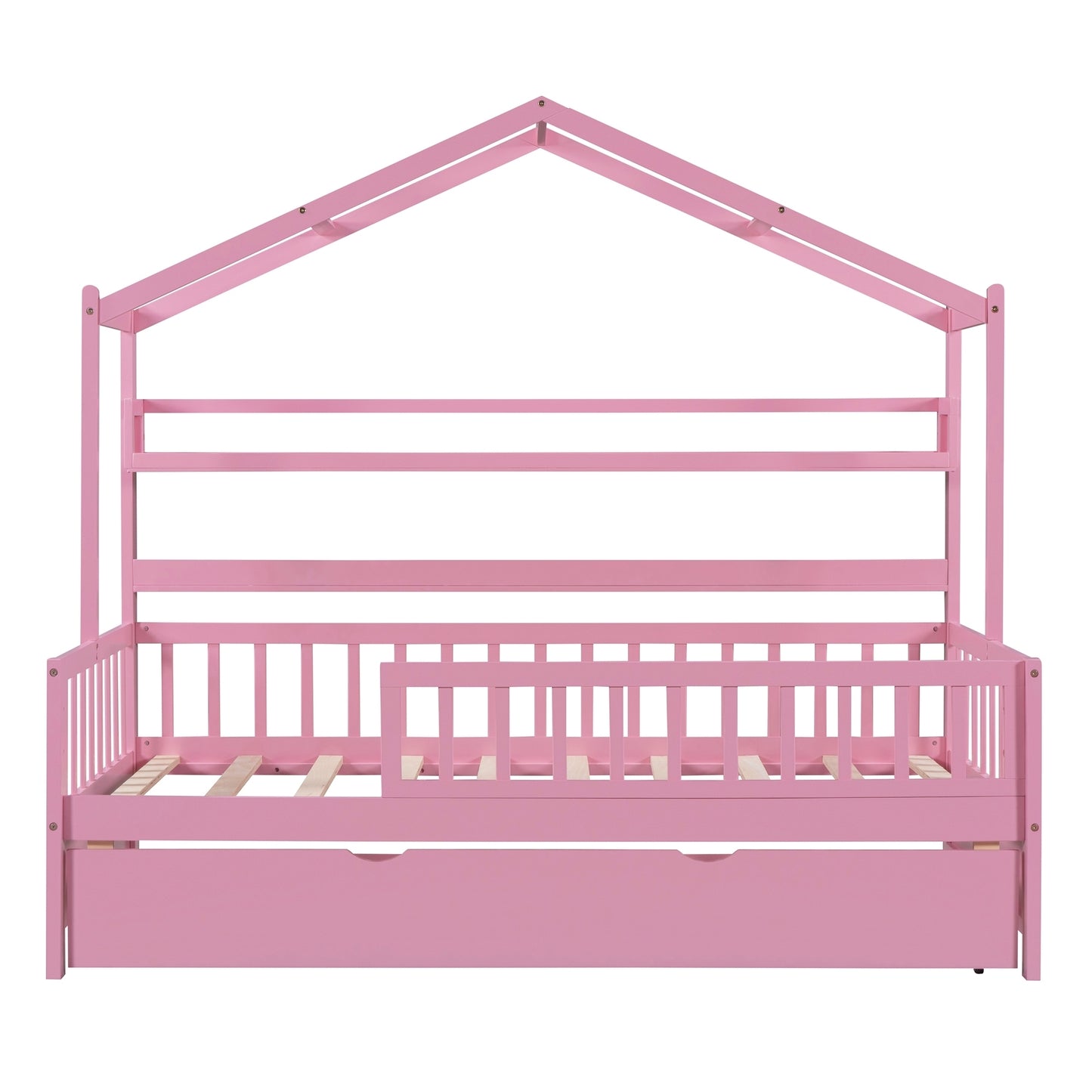 Wooden Twin Size House Platform Bed with Trundle,Kids Bed with Shelf, Pink