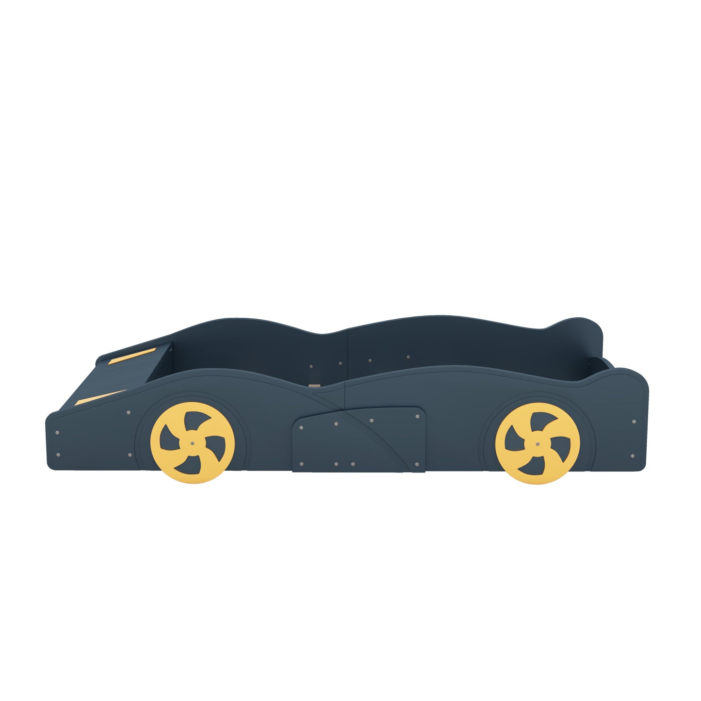 Twin Size Race Car-Shaped Platform Bed with Wheels and Storage, Dark Blue+Yellow