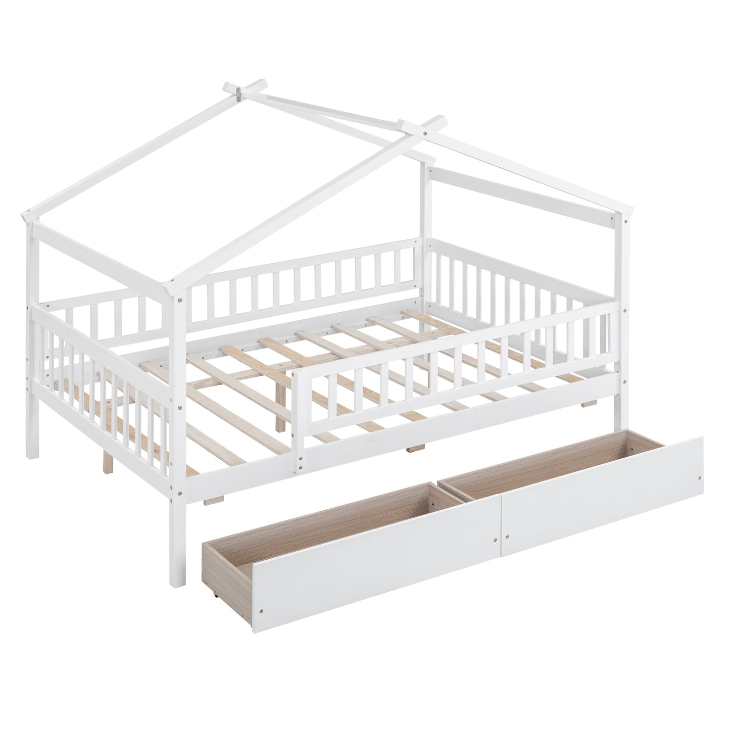 Full Size Wooden House Platform Bed with Two Drawers, White