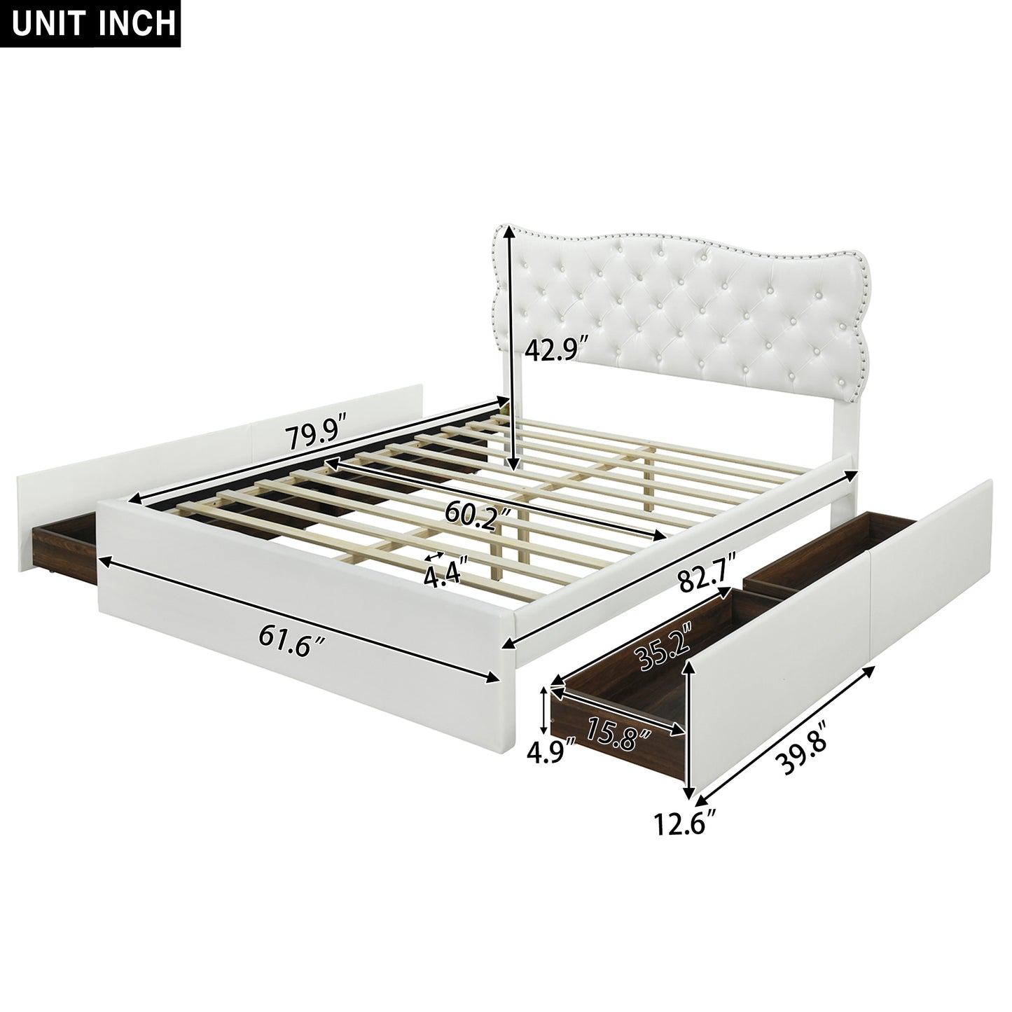 Queen Size Bed Frame with 4 Storage Drawers,Leather Upholstered Platform Heavy Duty Bed,Wood Slat Support,White