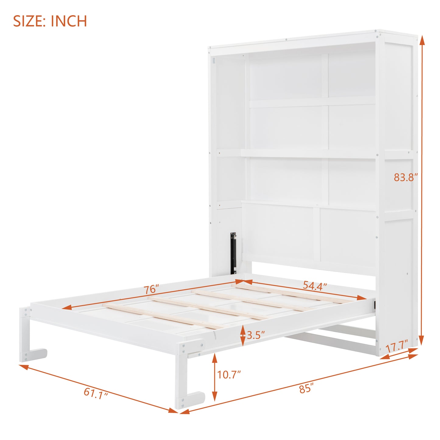 Full Size Murphy Bed Wall Bed with Shelves,White
