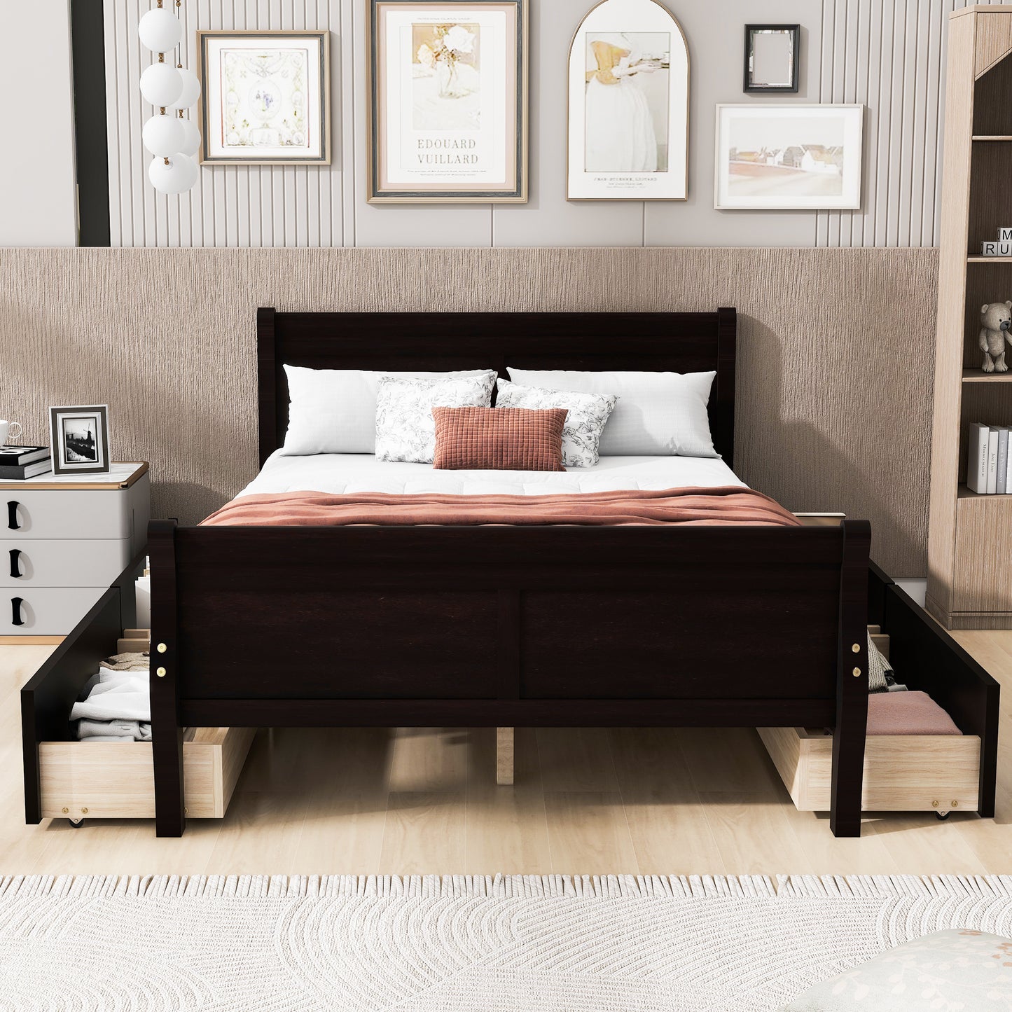 Full Size Wood Platform Bed with 4 Drawers and Streamlined Headboard & Footboard, Espresso