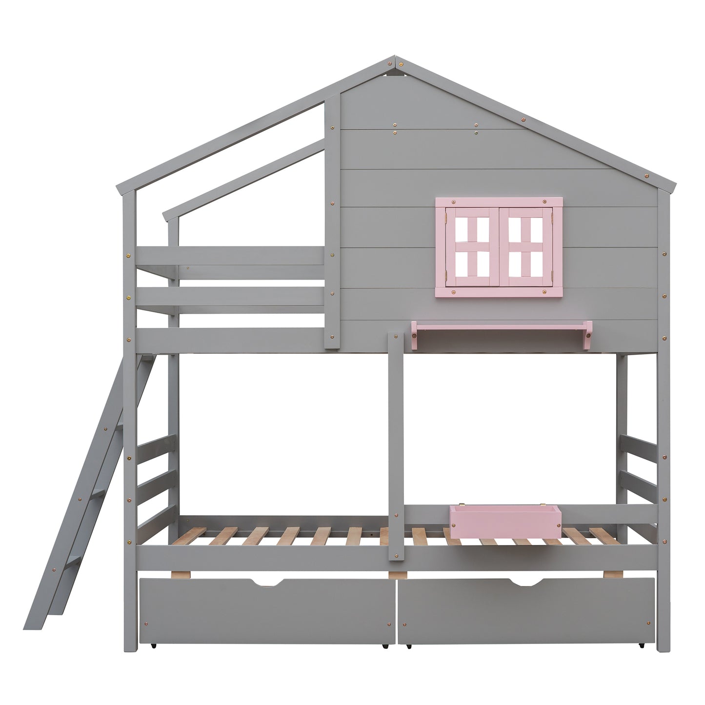 Twin over Twin Bunk Bed with 2 Drawers, 1 Storage Box, 1 Shelf, Window and Roof-Gray