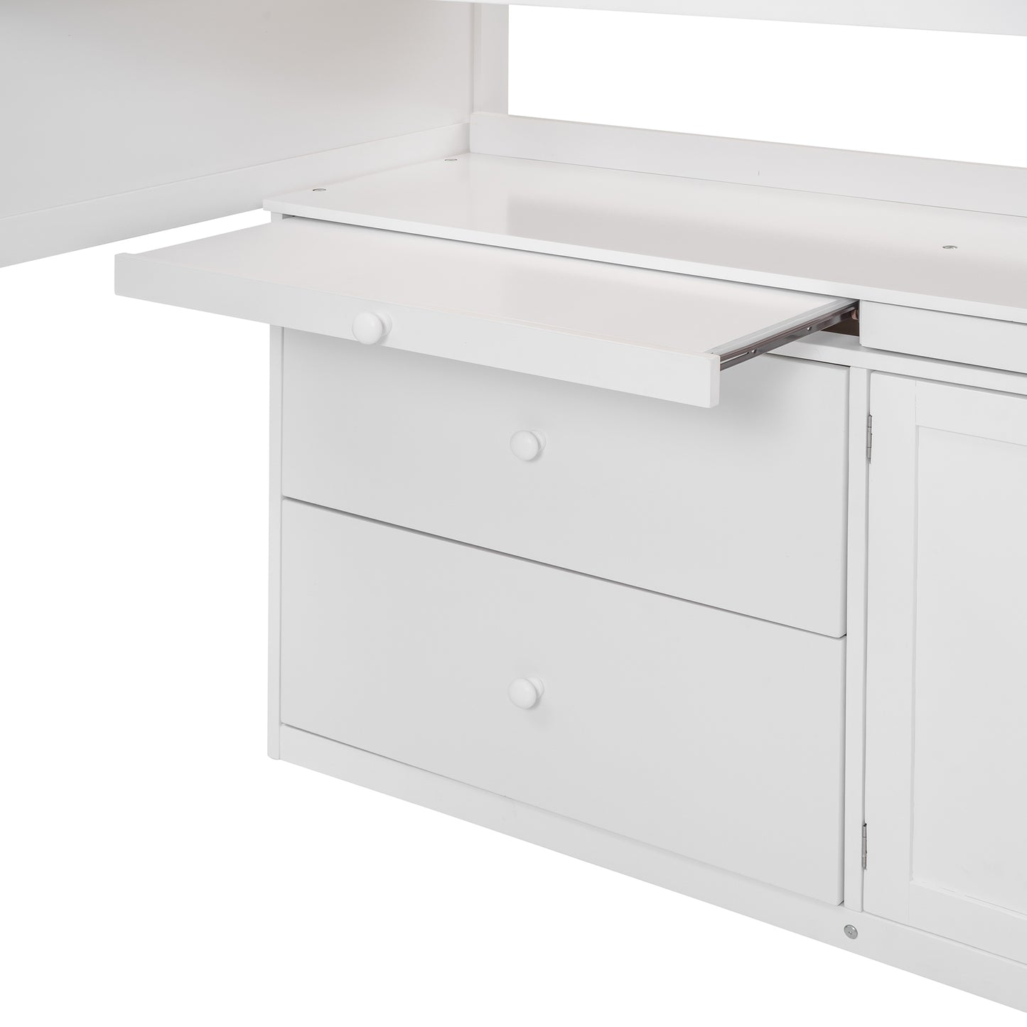 Twin Loft Bed with Rolling Cabinet and Desk - White