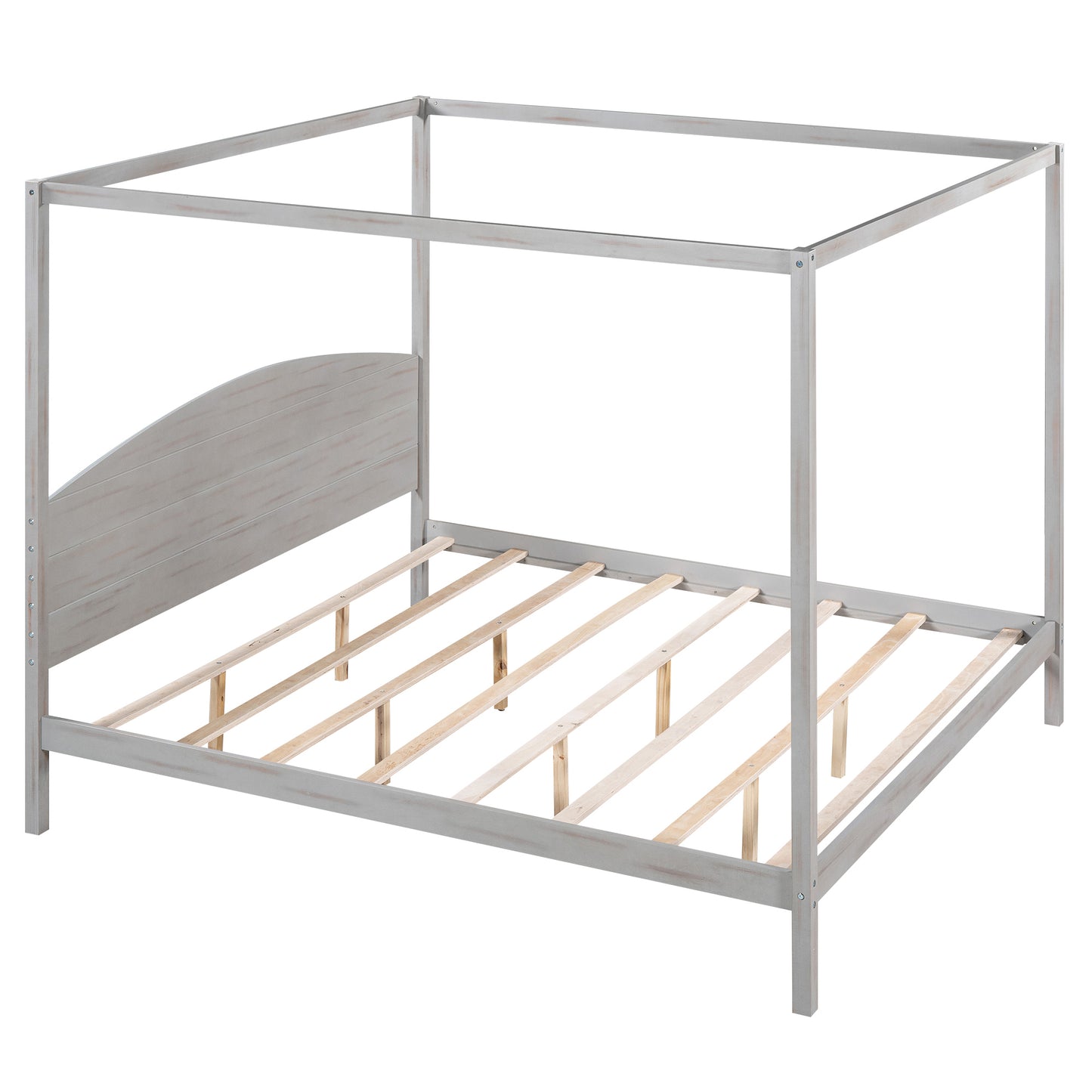 King Size Canopy Platform Bed with Headboard and Support Legs, Grey Wash