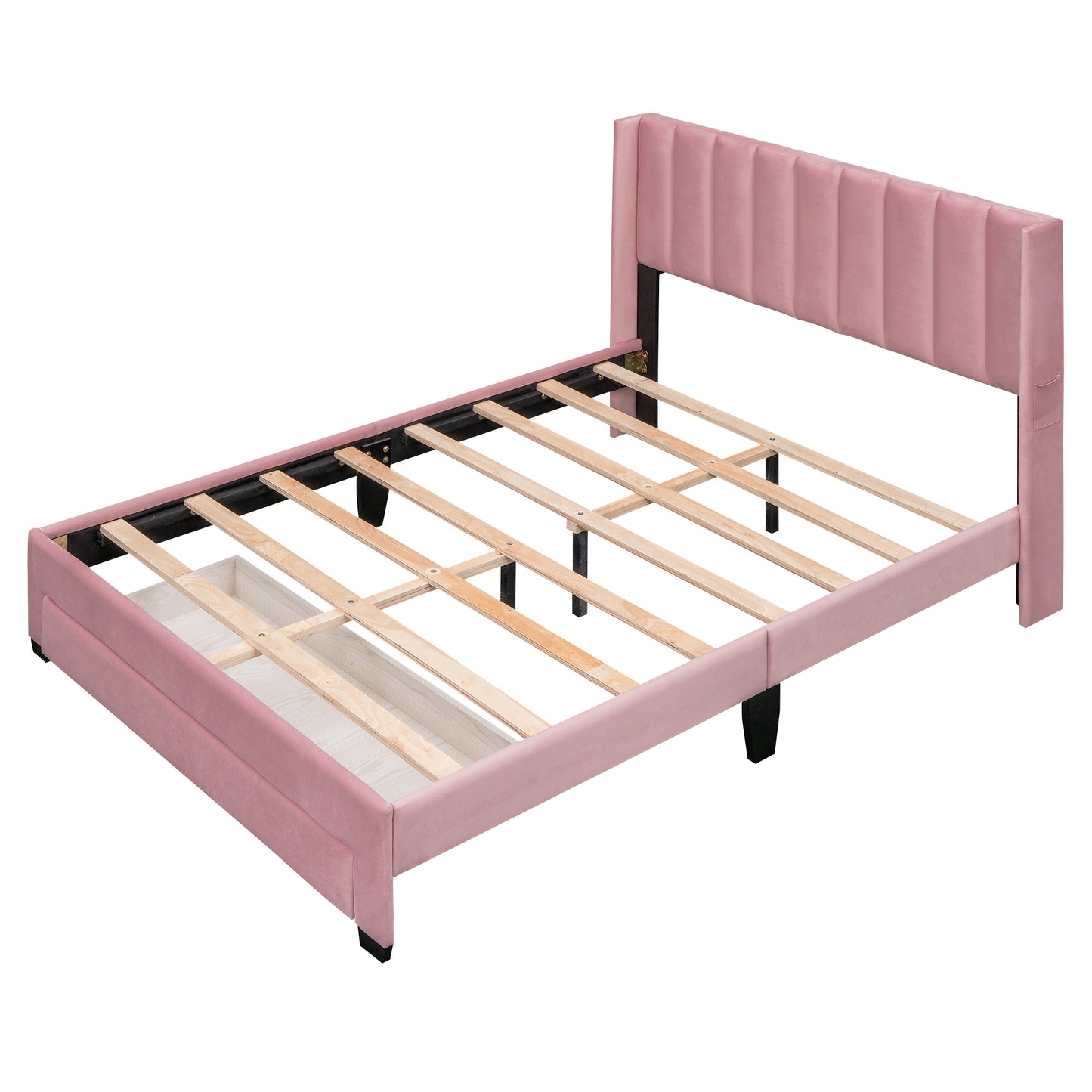 Queen Size Storage Bed Velvet Upholstered Platform Bed with a Big Drawer - Pink