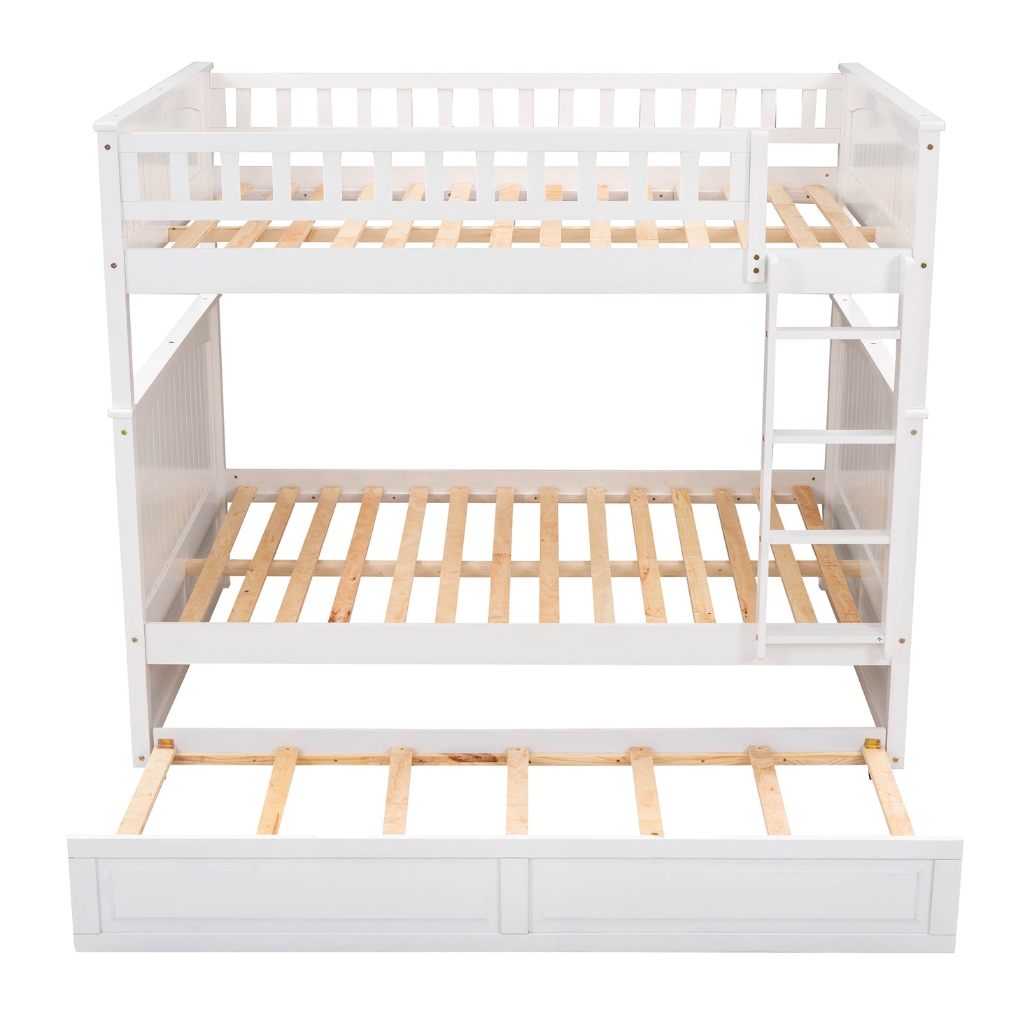 Full Over Full Bunk Bed with Twin Size Trundle, Pine Wood Bunk Bed with Guardrails, White
