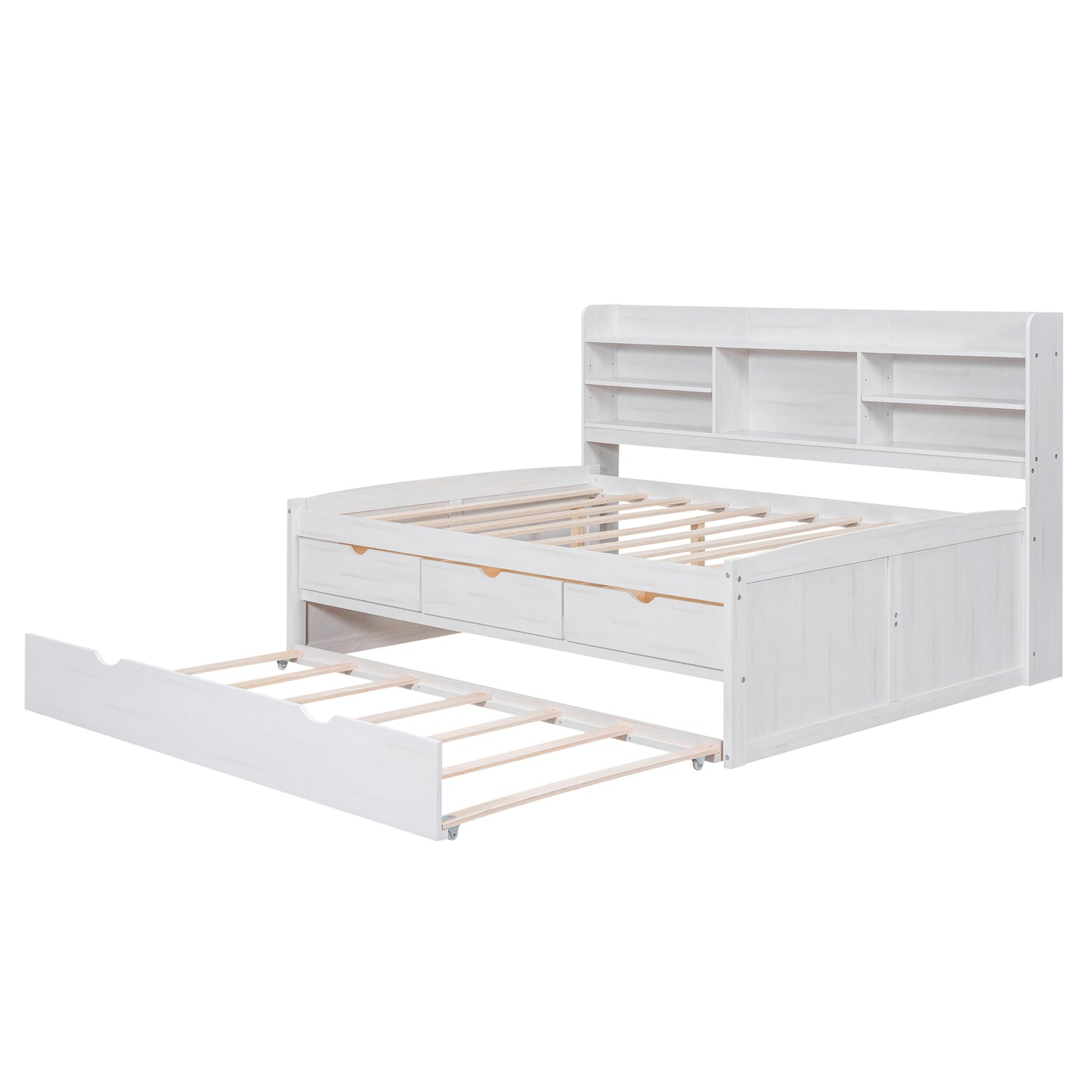 Full Size Wooden Captain Platform Bed with Built-in Bookshelves,Three Storage Drawers and Trundle,White