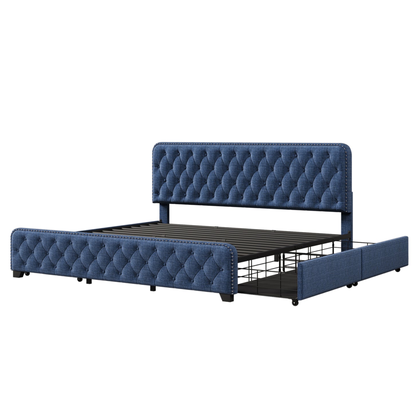 Upholstered Platform Bed Frame with Four Drawers, Button Tufted Headboard and Footboard Sturdy Metal Support, No Box Spring Required, Blue, King