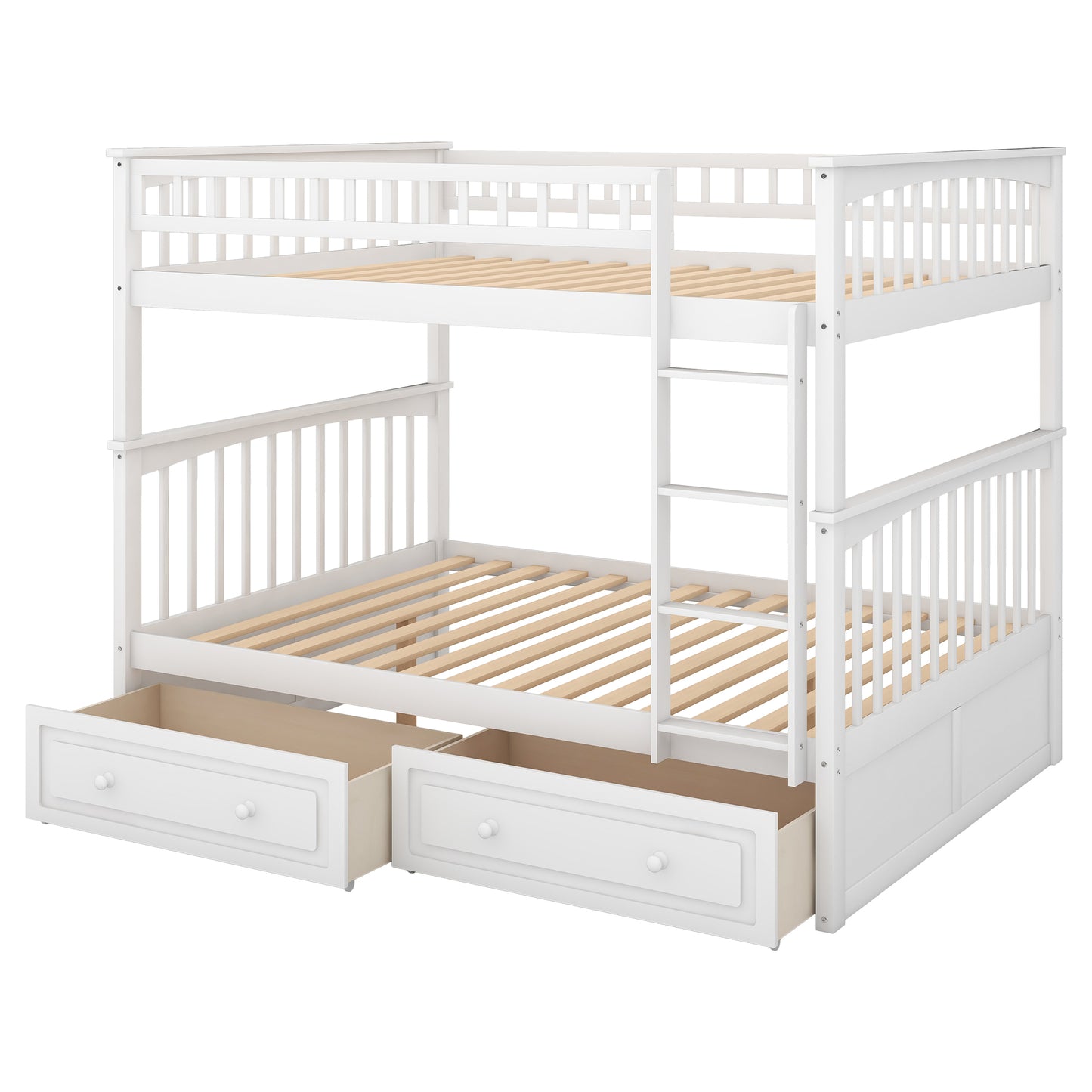 Full over Full Bunk Bed with Drawers, Convertible Beds, White